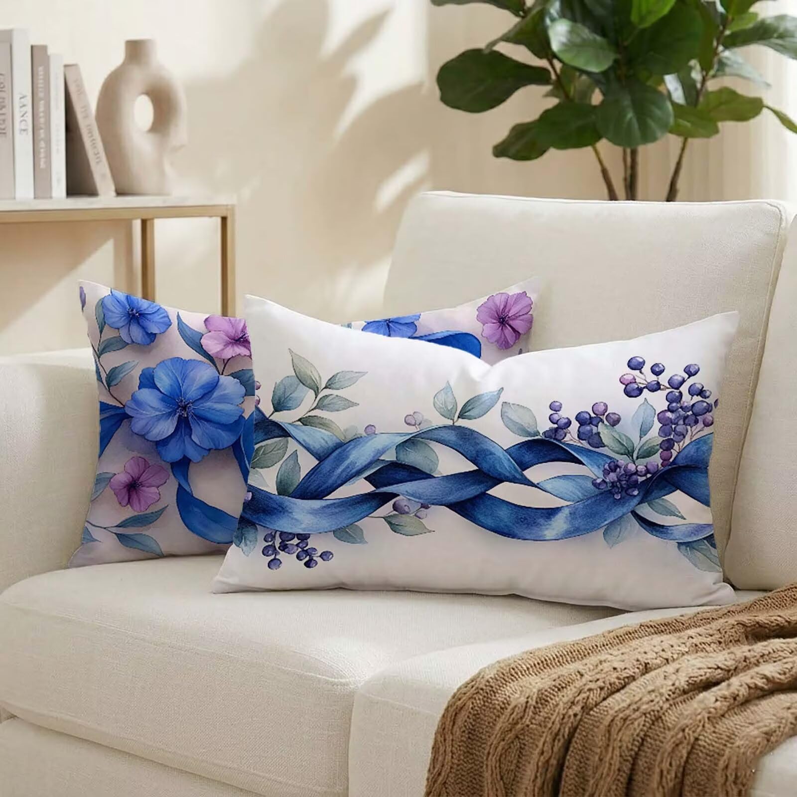 Coussin extérieur imperméable violet 50x80 cm lot de 2 à motif fleur en lin K-2943
