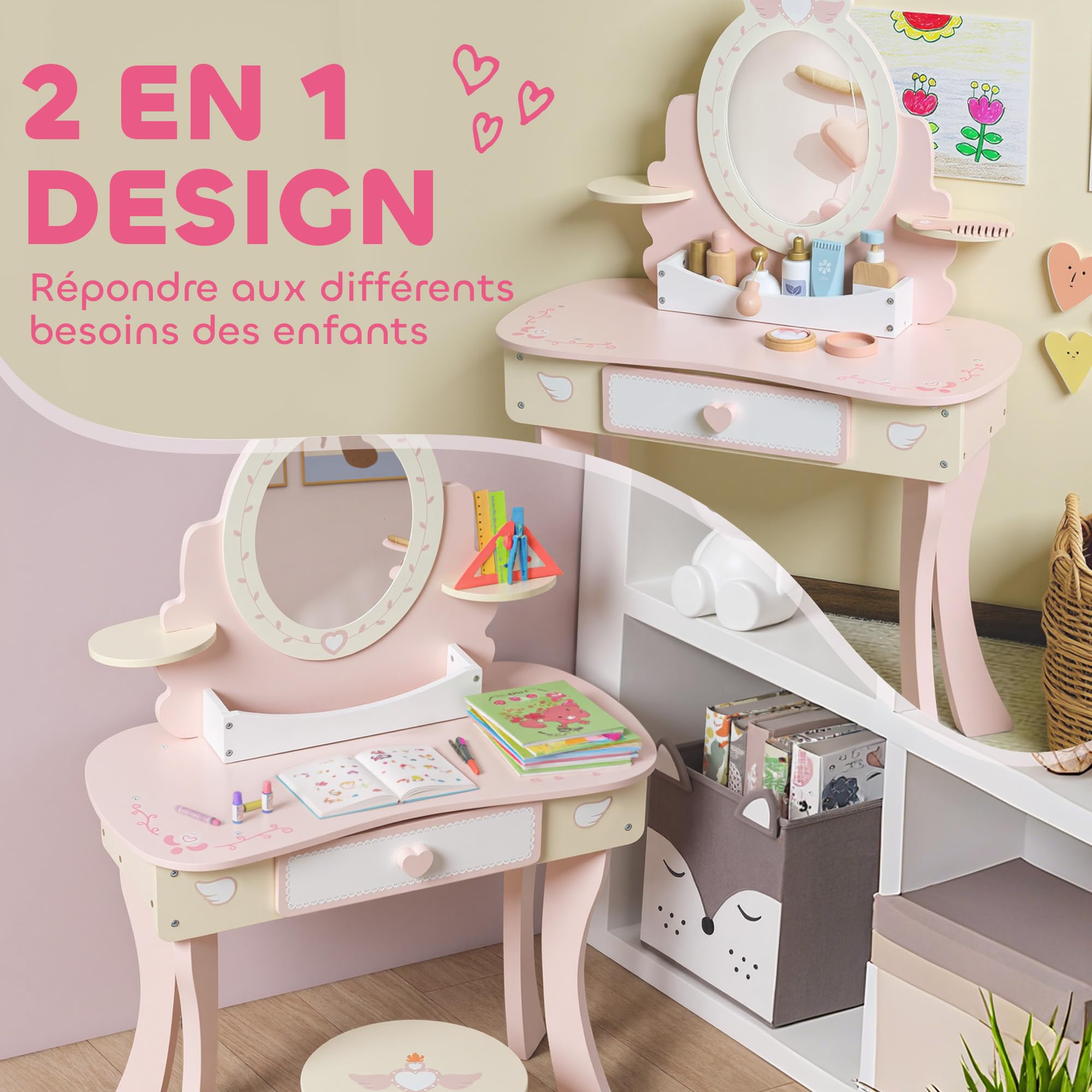 AIYAPLAY Coiffeuse Enfant Fille 2 en 1 avec 7 Accessoires de Jeu, Table de Maquillage avec Miroir en Acrylique, Tabouret, tiroir et Compartiment Ouvert, 59,8 x 29,6 x 89,8 cm, Rose