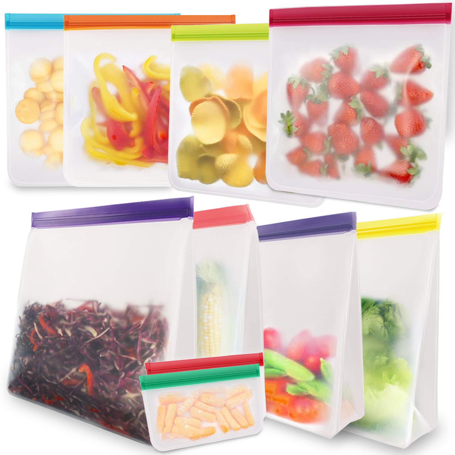 KYONANO Reusable Gallon Bags 8 Pack + Reusable Sandwich Bags 2 Pack, BPA Free Reusable Ziplock Freezer Bags, Leakproof Eco-Friendly Reusable Food Storage Bags for Snack Fruit Marinate Meat