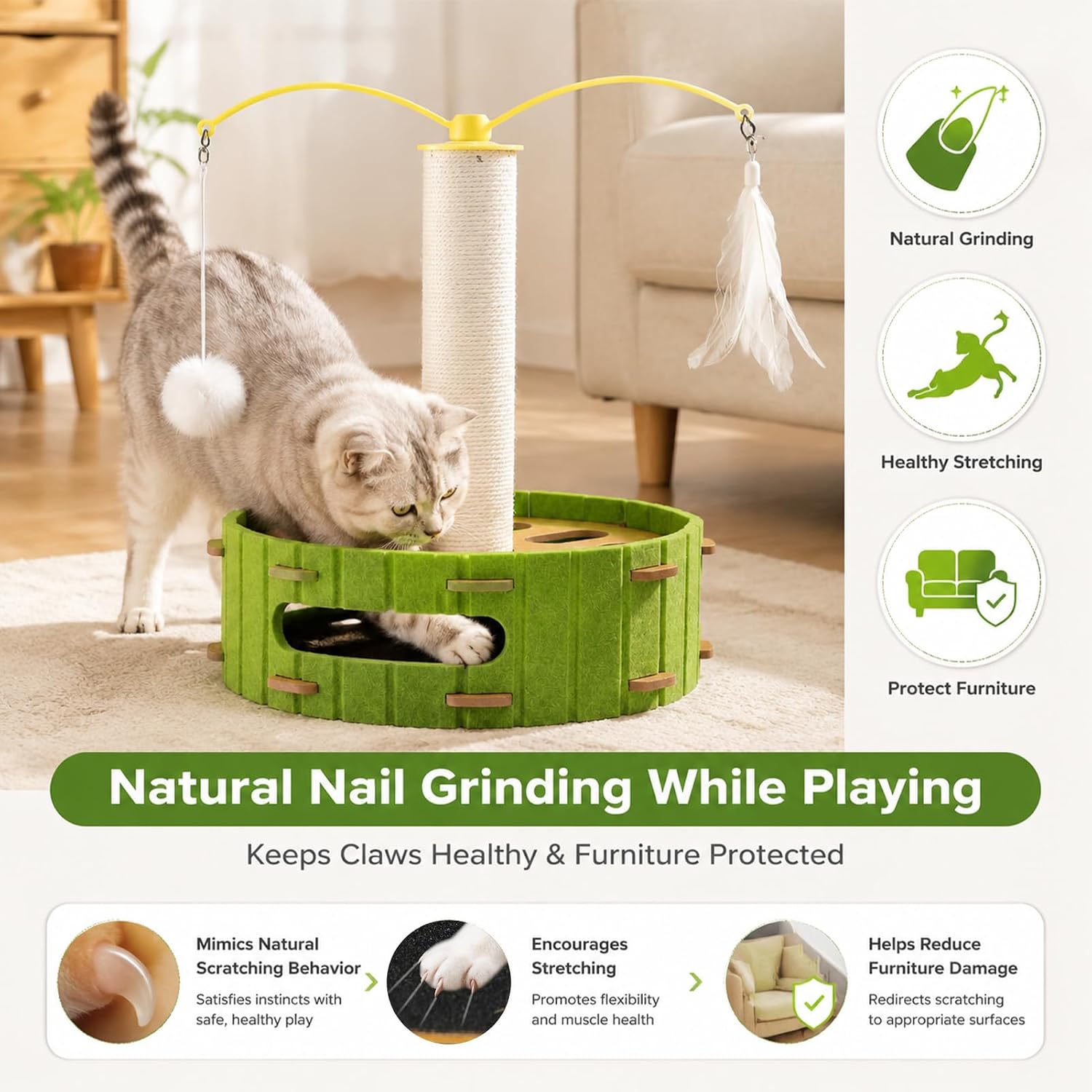 Cat Puzzle Box with Sisal Post, Cat Nail File Scratcher | Rotating Feather Teaser, 4 Bell Balls, 2 Sandpaper Sheets, Suction Cup Base for Ease Kitty Stress & Boredom