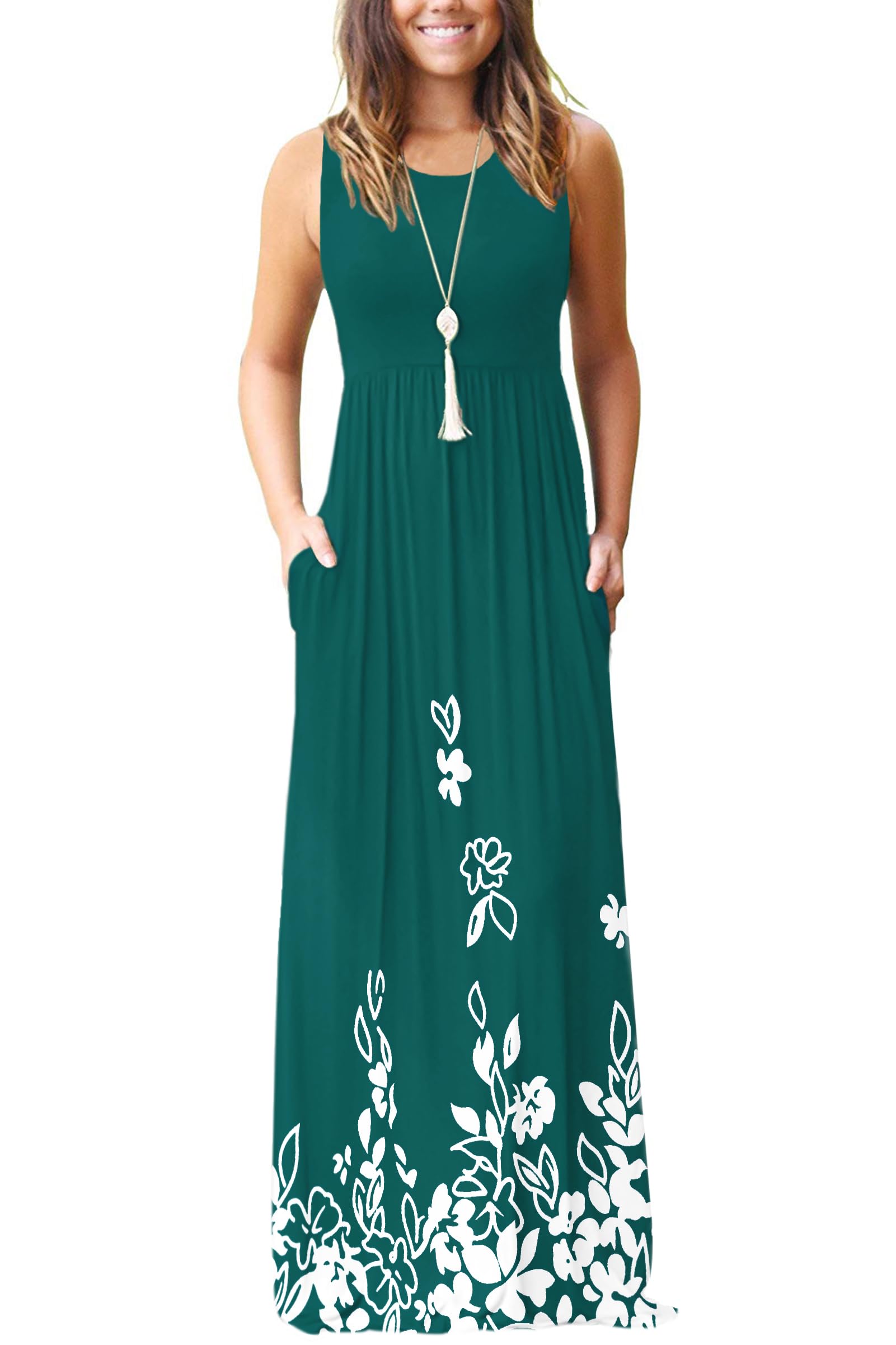 AUSELILY Women's Summer Sleeveless Loose Plain Casual Long Maxi Dresses | Year Round wear solid floral print, Casual daily wear, Empire waist, Floor length, Side pockets New