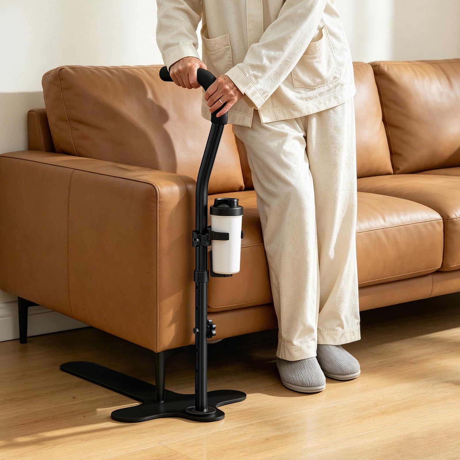 Ayuda para Levantarse del Sofá/Silla/Cama MAX 180 kg, Soporte para Levantarse Antideslizante con Portavasos, Barra de Ayuda con 6 Alturas Ajustables para Ancianos, Mayores, Discapacitados, Pacientes