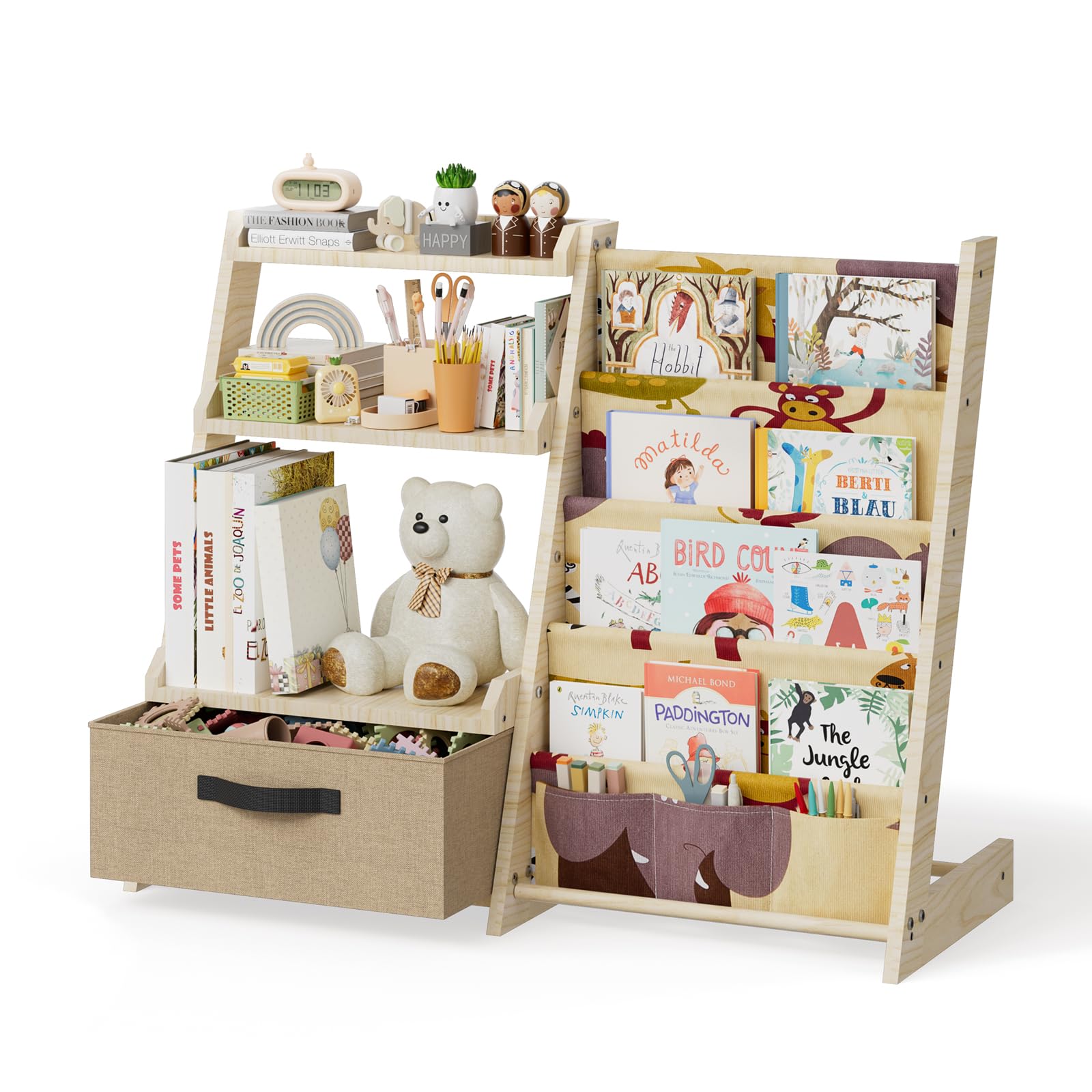 Scaffale per bambini con organizer per giocattoli 2 in 1 – Libreria in legno e tessuto con 4 scomparti, cassetto e tasche portapenne, scaffale sicuro per bambini, altezza 68 cm, per cameretta dei