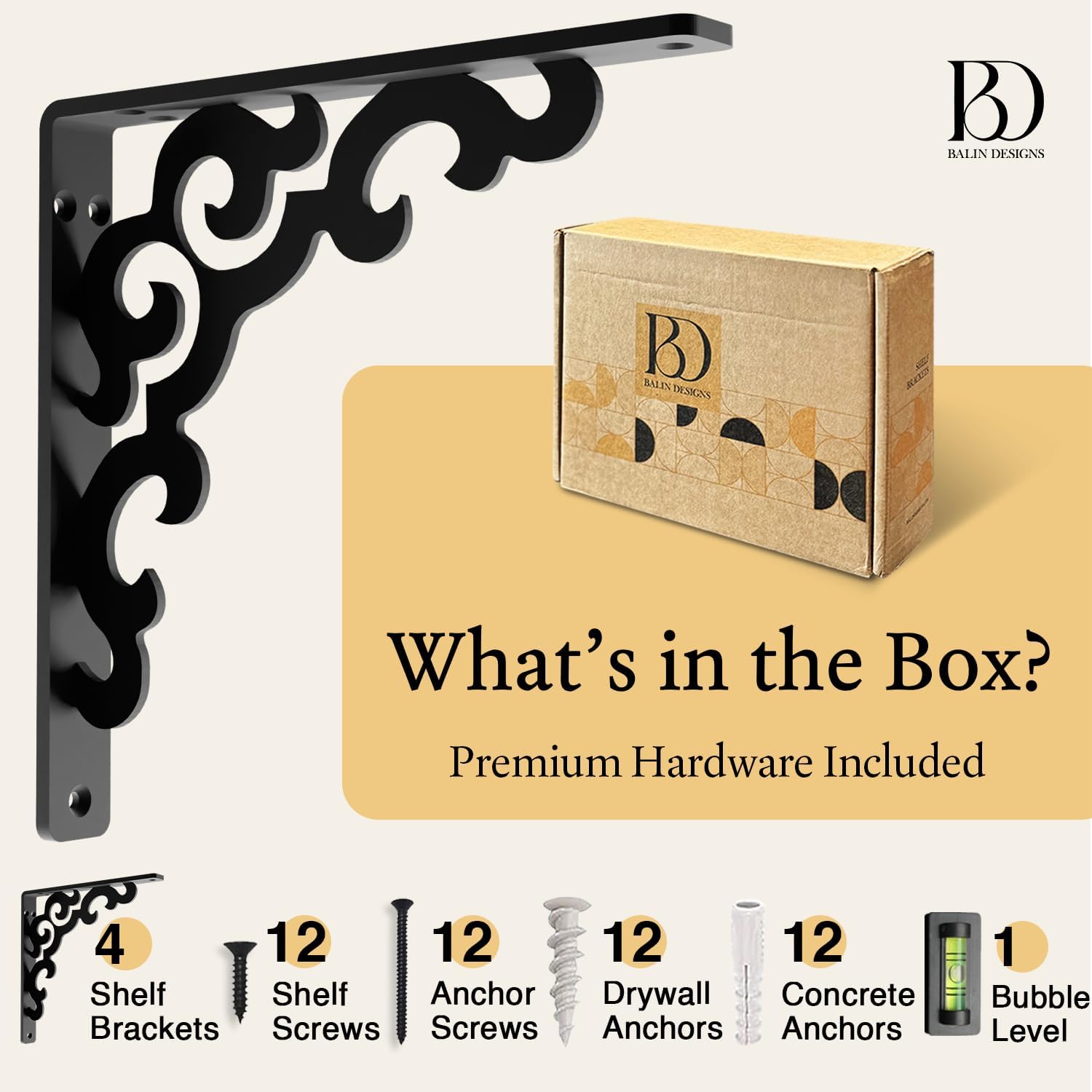 L Brackets for Shelves by Balin Designs for 8 inch -10 Lace Style Shelves – Heavy Duty Decorative Shelf Brackets - Antique Rustic Farmhouse Mantel Shelf Bracket - Included Hardware - Set of 4