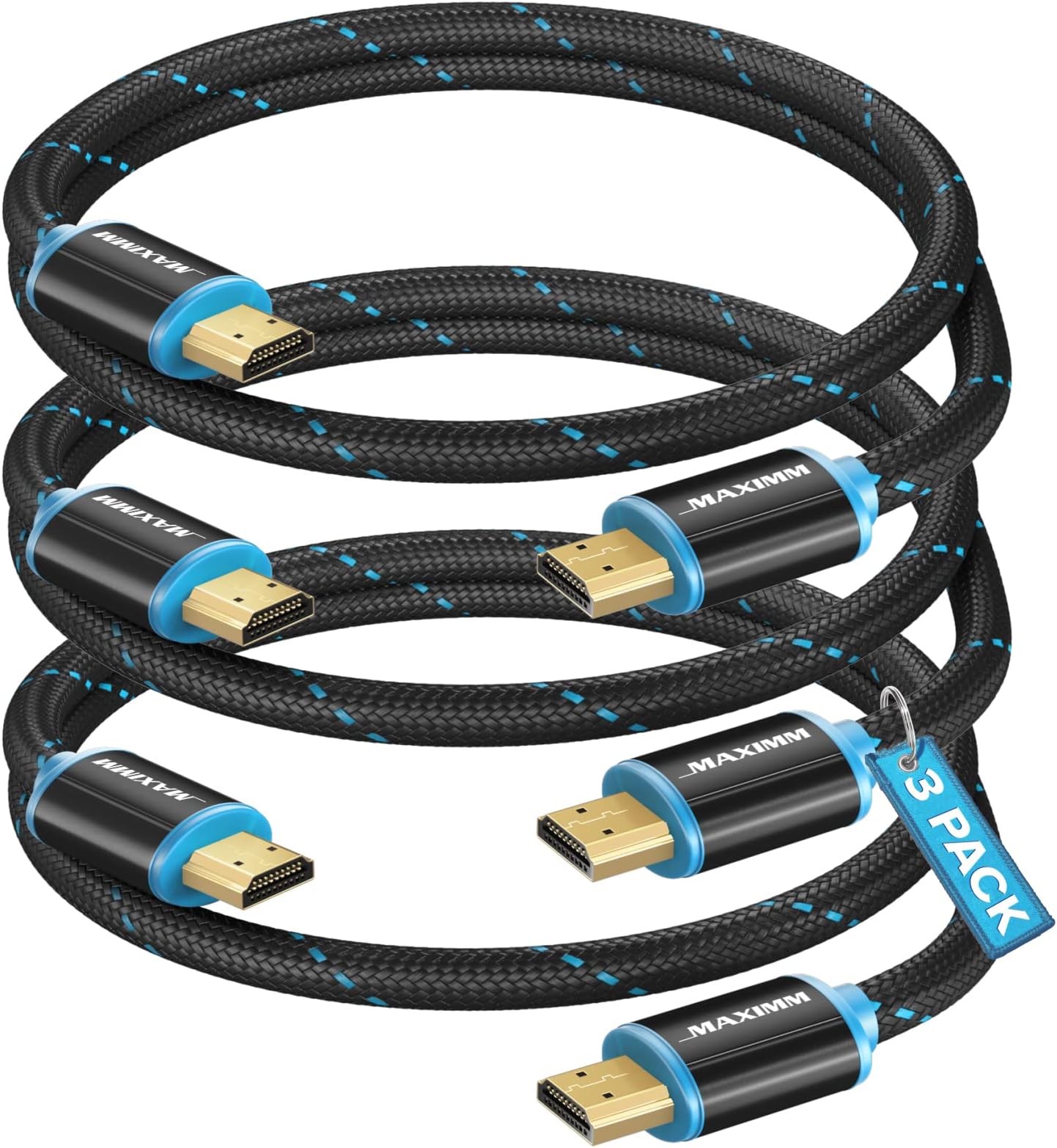 Maximm HDMI Cable 4K 12 Ft, 3-Pack, Braided, 18 Gbps, Gold-Plated | 18 Gbps bandwidth supports 4K at 60Hz, HDR, Dolby Vision, and Audio Return Channel