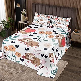 Feelyou Sloth Quilted Coverlet King Size, Sloth and Flowers Coverlet Set for Kids Toddler Botanical Plant Bedspread Kawaii Animal Quilted 3Pcs with 2 Pillow Case