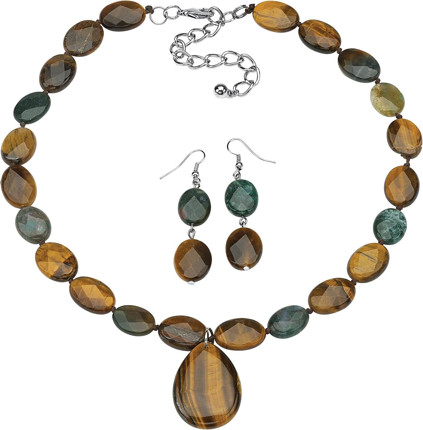 PalmBeach Silvertone Genuine Brown Tiger's Eye and Genuine Shell, Strand Necklace and Earring Set, 18 inches plus 3 inch extension
