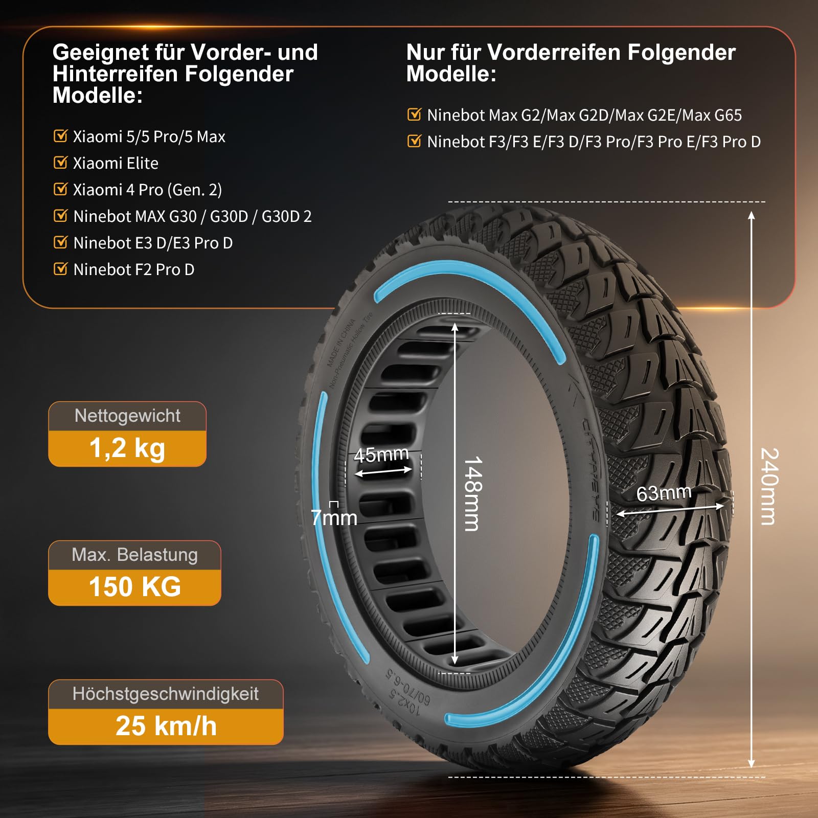 60/70-6,5 Vollgummireifen 10 Zoll Solide Reifen für Xiaomi 5/5 Pro/5 Max,für Ninebot Max G30/Max G30D/Max G30D2 Elektroroller Ersatzreifen Vollreifen Anti-Rutsch Pannensicher