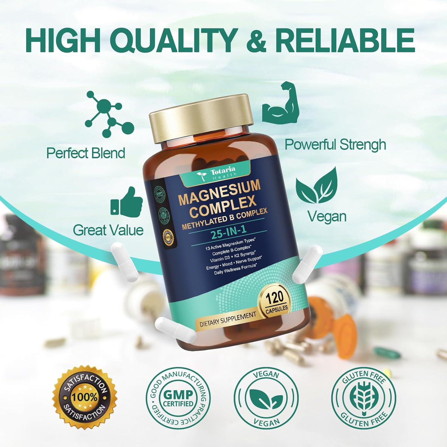 25-in-1 Magnesium Complex with Methylated B Complex Magnesium Glycinate Citrate Malate Taurate Gluconate Aspartate Carbonate D3 K2, Magnesium Supplement for Relaxation Energy & Nerve, 120 Vegan Caps thumbnail