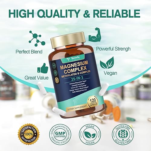 Miniatura 4 de Complejo de magnesio 25 en 1 con complejo B metilado, citrato de glicinato de magnesio, malato, taurato, gluconato, aspartato, carbonato D3 K2,