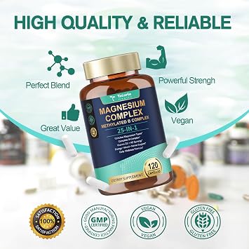 25-in-1 Magnesium Complex with Methylated B Complex Magnesium Glycinate Citrate Malate Taurate Gluconate Aspartate Carbonate D3 K2, Magnesium Supplement for Relaxation Energy & Nerve, 120 Vegan Caps