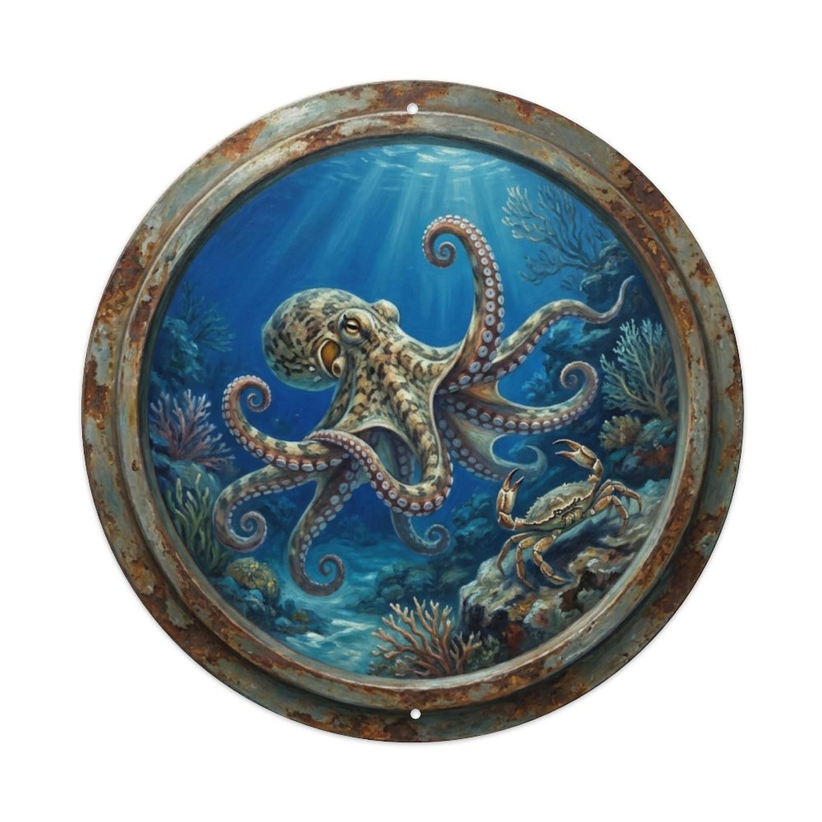 Vintage Porthole Octopus Hunt Ship Window Undersea Deep Sea Metal Tin Sign
