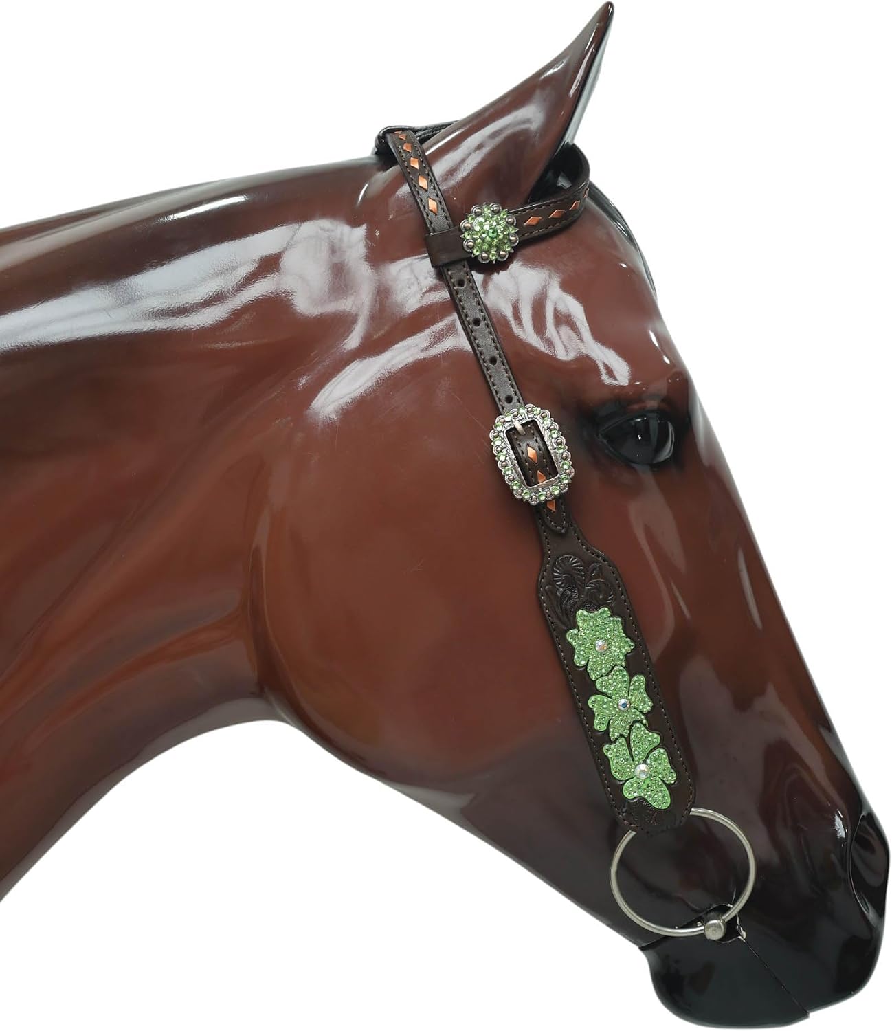 Western Leather Headstall and Breast Collar Tack Set, Hand Carving with Copper Buck Stitching and Flower Accents with Lime Green Stones, Argentina Cow Leather