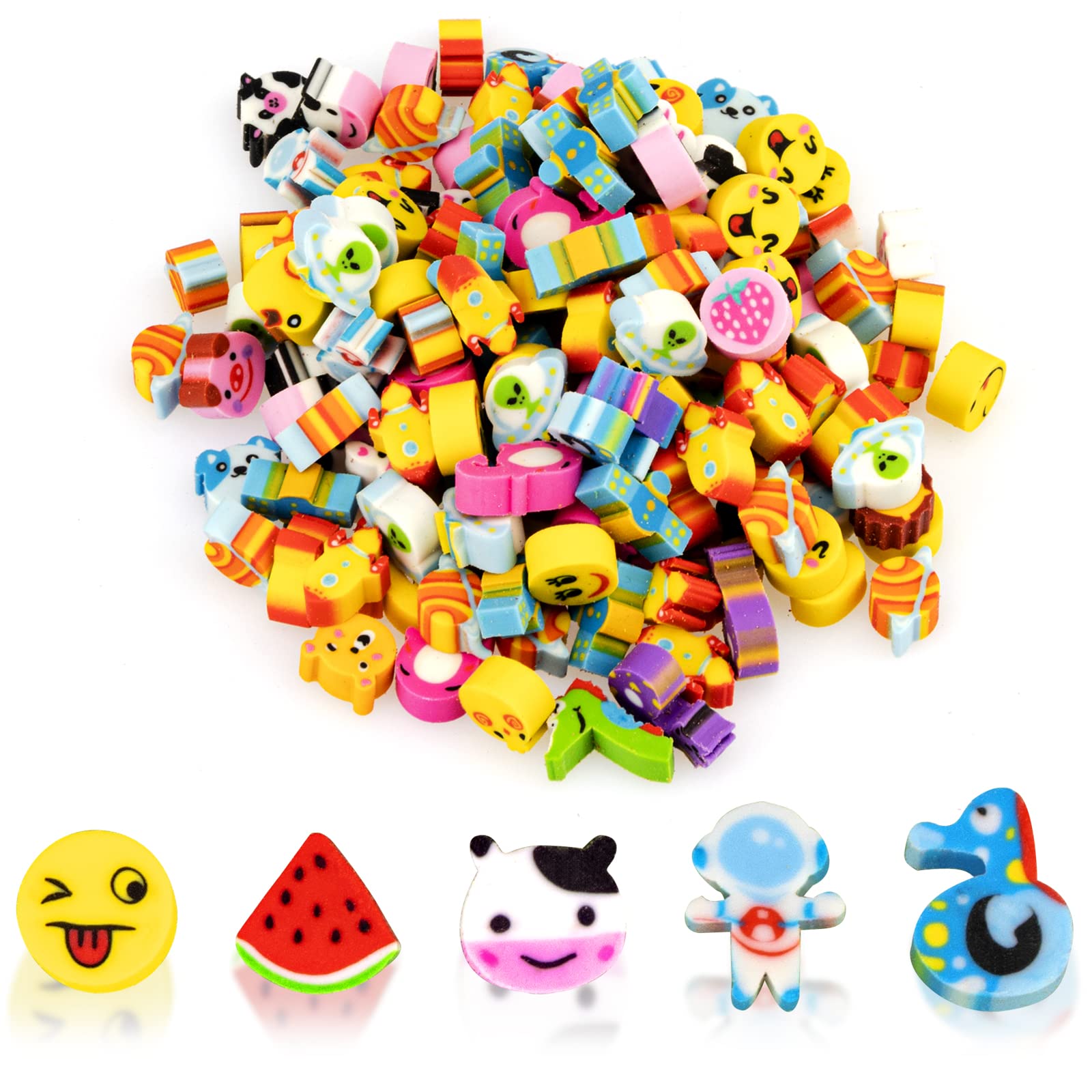 Polly Online 100 Pieces Mini Erasers for Kids,Bulk Small Animal Fruit Ocean Love Pencil Erasers Assortment for Home Rewards, School Supplies and Gift Filling(Random Send)