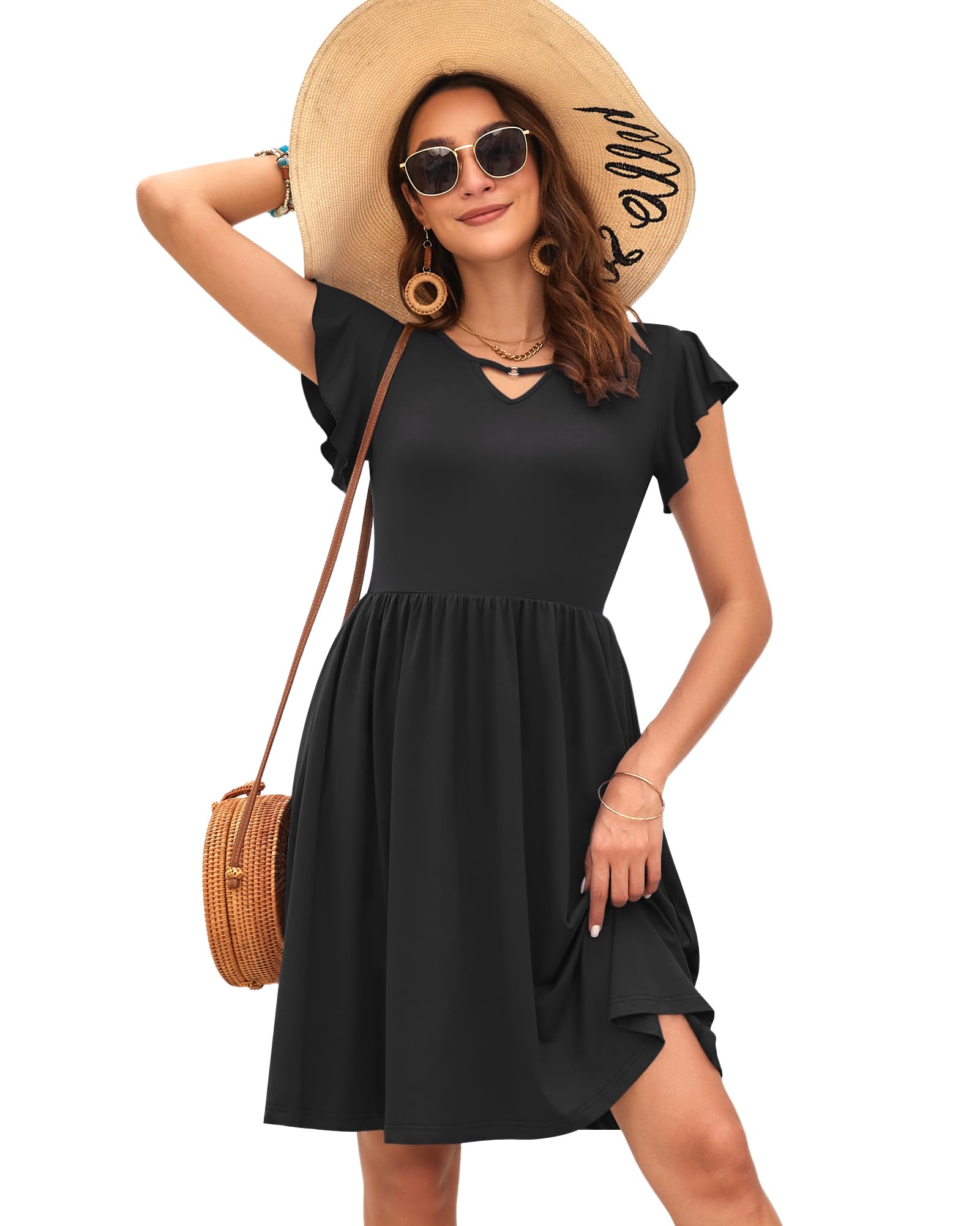 PLOKNRD Femme Robes D'été Col en V Décontractée à Manches Volantées Robe pour Femme Chic et élégante avec Poches