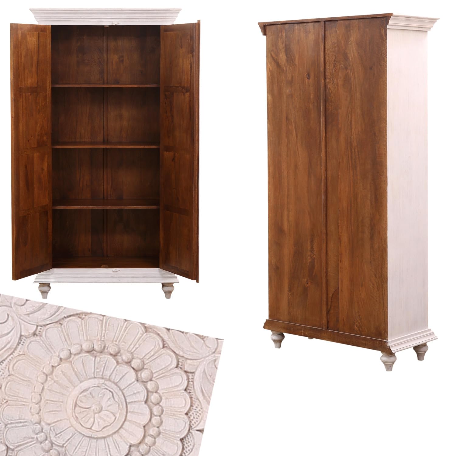 Marrakech Boho Armario en blanco de madera maciza, 185 cm, armario multiusos Haifir para salón, pasillo y dormitorio como muebles orientales, archivador para la oficina