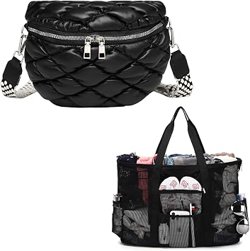 Eslcorri Extra Large Mesh Beach Tote - Womens Foldable Pool Bag with 11 Pockets, Black