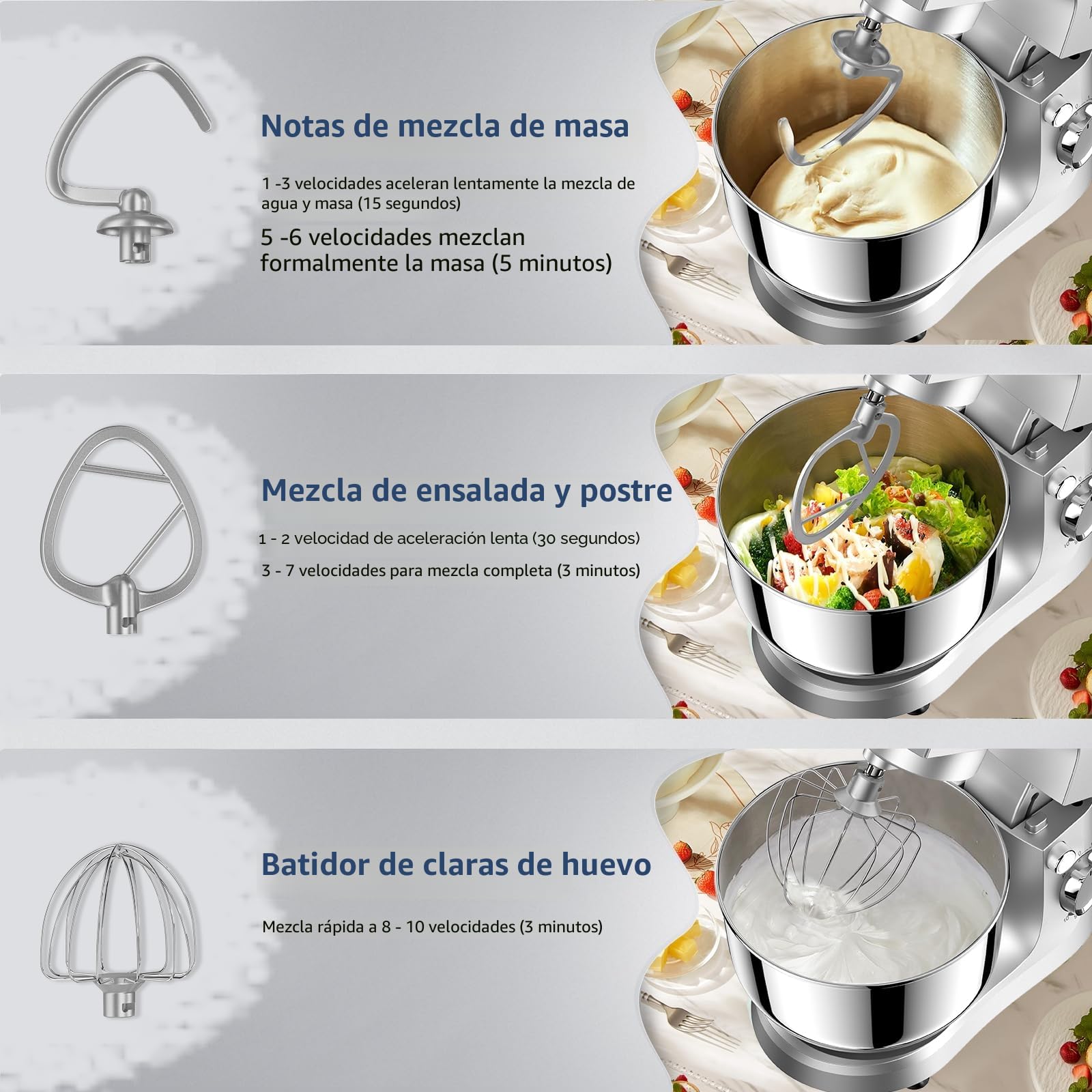 Vezzio Batidora Amasadora,1500W|4.5 L Amasadora de Pan Para Repostería,Bol de Acero inoxidable de Amasador,Batidor,Varillas y Protección Para Salpicaduras 10 Velocidades Repostería Profesional