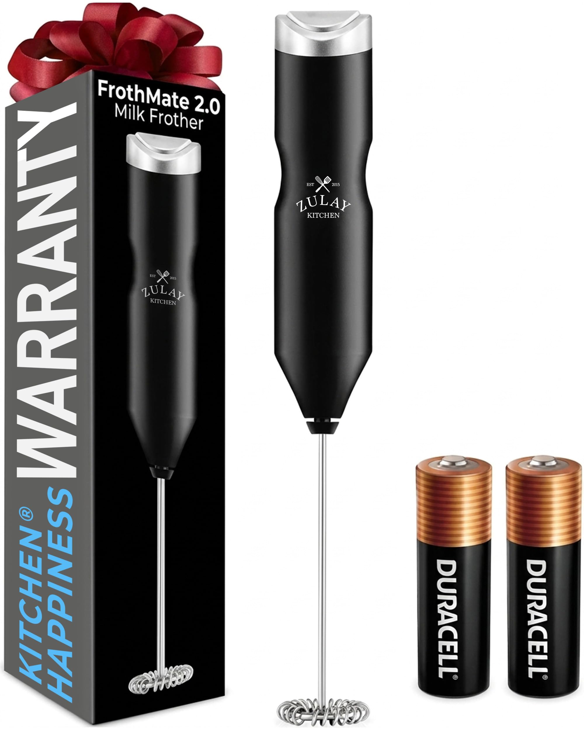 Zulay Kitchen Powerful Frother Wand AA Batteries Included, Ultra Fast Handheld Drink Mixer, Comfort Milk Frother, Stainless Steel Whisker, Frother Handheld for Coffee, Protein &amp; Matcha - Frothmate 2.0