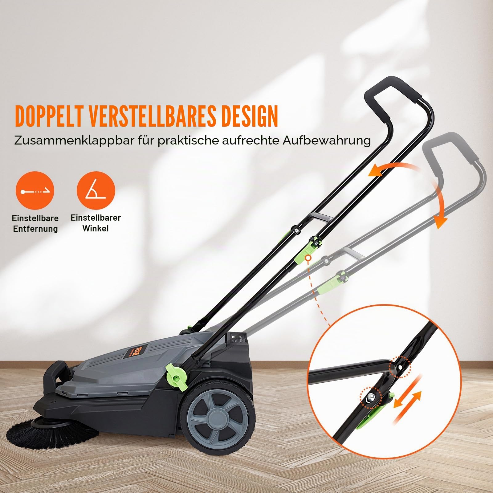 VEVOR Bodenkehrmaschine, mechanischer Kehrbesen mit 65 cm Kehrbreite, nicht elektrischer Handbesen, Abfallbehälter 18,9 L, klappbarer Griff mit einstellbarem Winkel und Höhe für Einfahrt und Hof