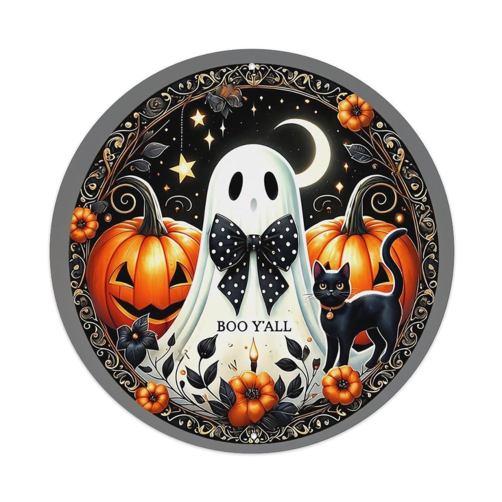 Ghost Pumpkin Cat Moon Stars Vintage Round Tin Sign Retro Metal Wall Decor Metal Poster, Home Bar Garage Cafe Wall Art Decoration 8x8Inches