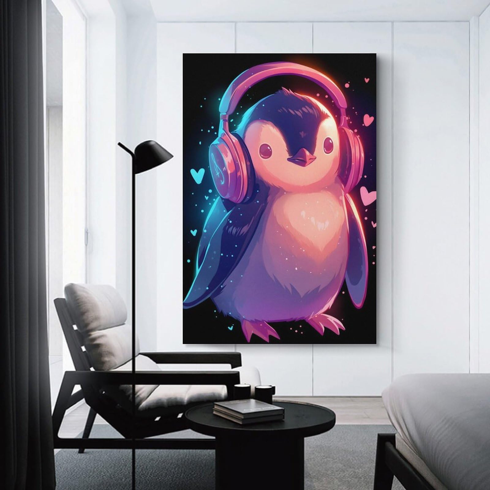 Junmoney Cute Penguin with Headphones Canvas Wall Art, 20x30inch(50x75cm), for Workspace Walls, Study Corners Or Bedrooms, An Interior Accent for Desk Areas