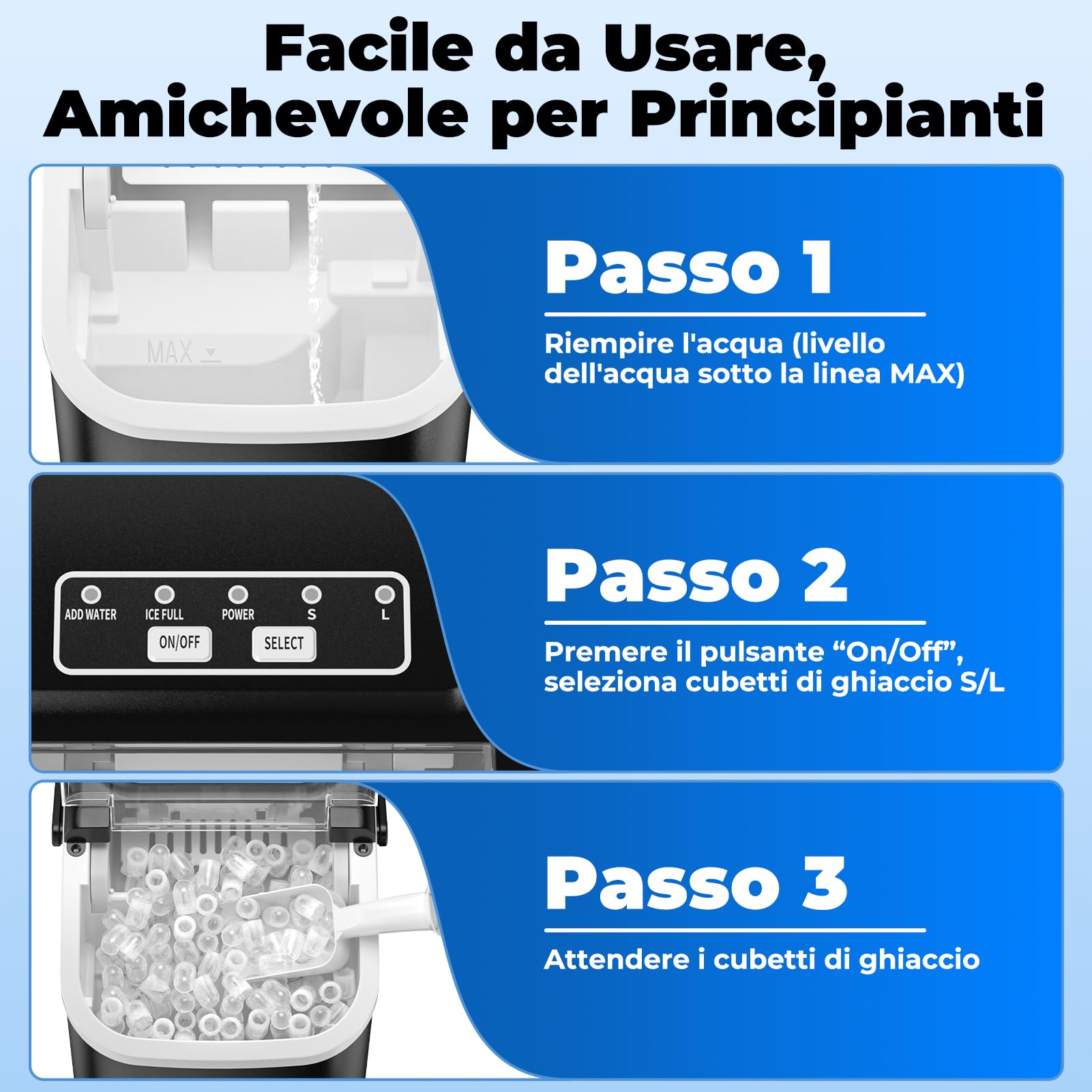 Macchina del Ghiaccio per Casa 12kg/24h, Autopulente Ice maker Silenzioso, S/L Ghiaccio, 8 Cubetti 6-8 Minuti, con Maniglia/Paletta/Cestello, per Cucina/Ufficio/Feste, Nero