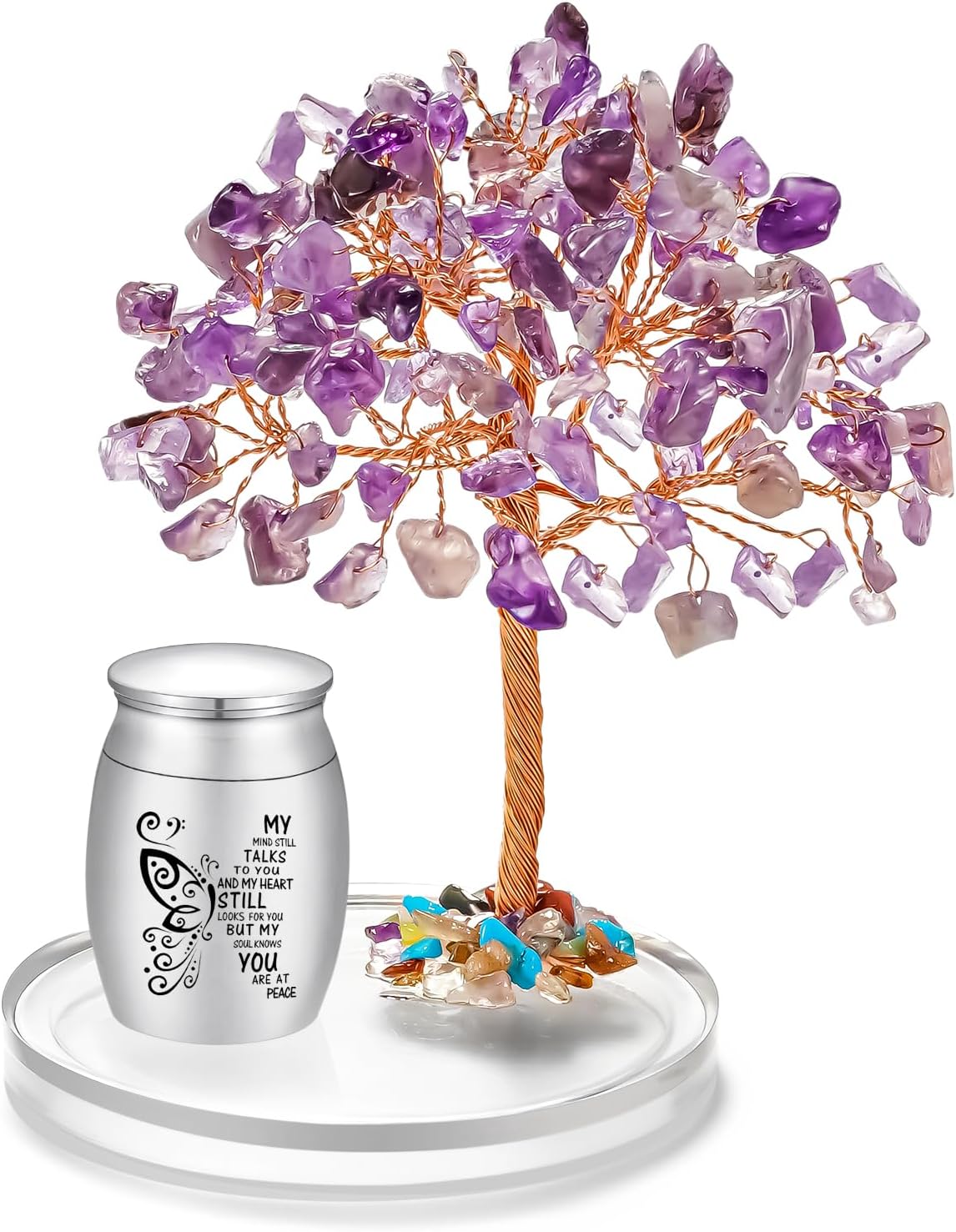 SOITIS Small Urns for Human Ashes Keepsake, Stainless Steel Mini Urn for Human Ashes with Amethyst Crystal Tree -Decoration Butterfly Cremation Keepsake Memorial Funeral Sharing Urns