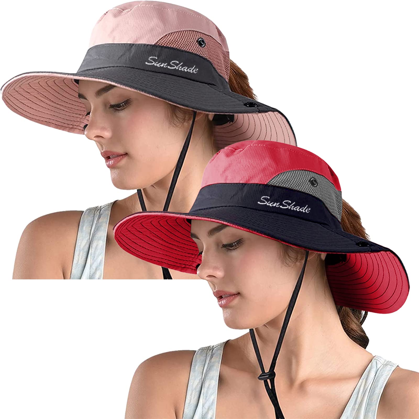 ZOORON 2 Pack Women's Ponytail Safari Sun Hat,Wide Brim UV Protection Outdoor Bucket Hat,Foldable Beach Summer Fishing Hat