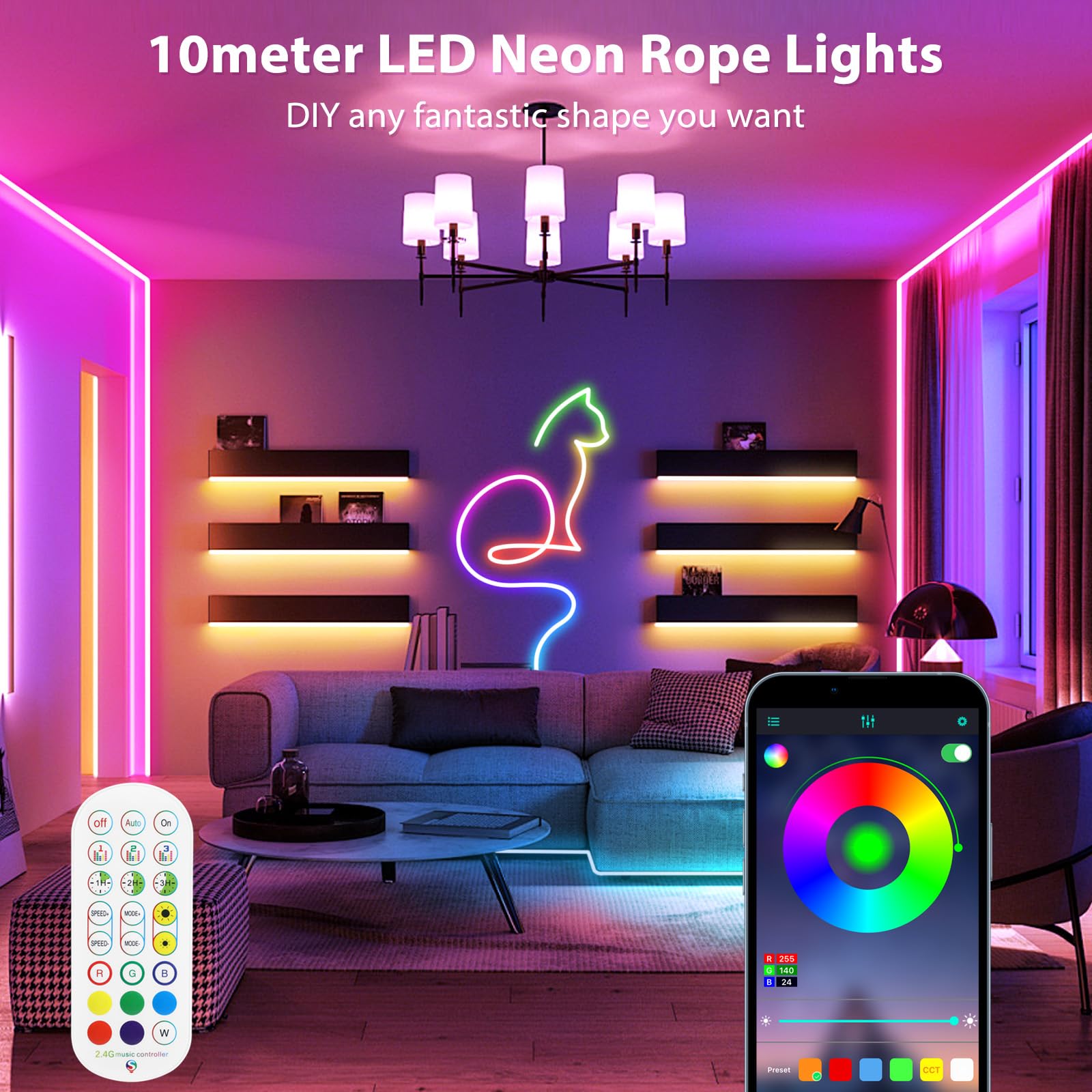HOUHUI Neon LED Strip Lights, 3m RGB Neon Rope with Remote, IP67 Waterproof, Music Sync DIY Design for Bedroom Gaming & Kids Wall Decor - Image 2