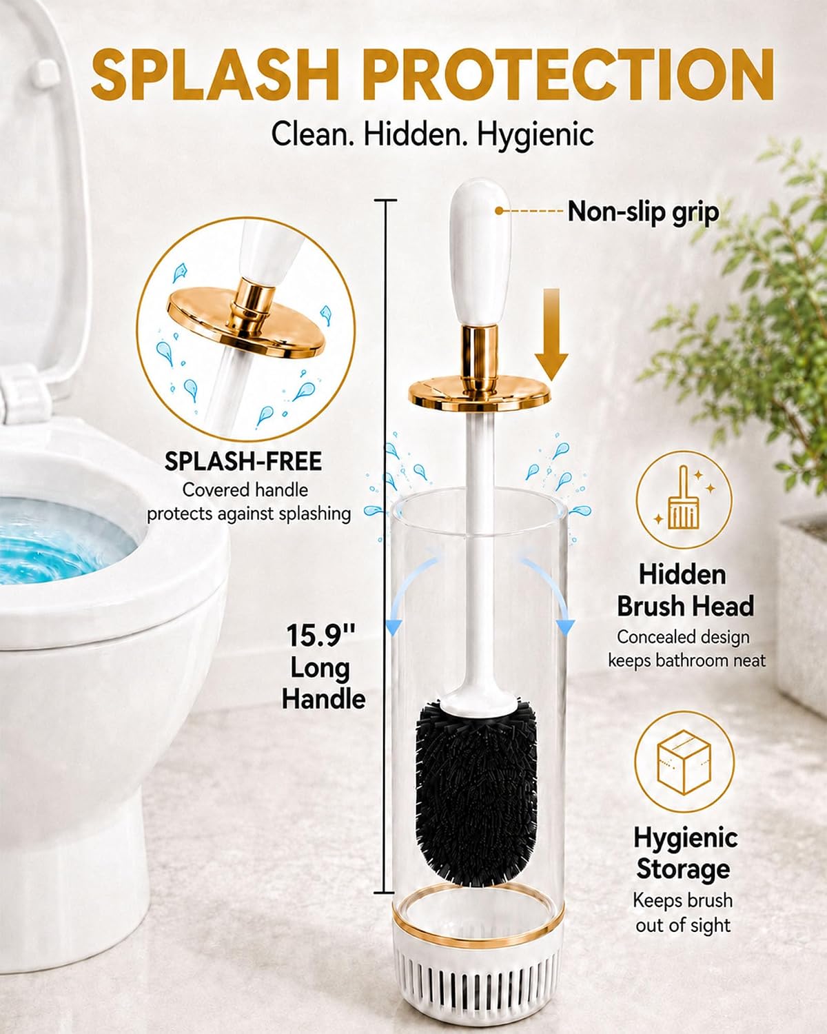Toilet Brush Set, Dense Nylon Bristles, Wall Mount, Non-Scratch, White Gold | 16.5" Handle | Splash-Proof | Odor-Locking Lid | Ventilated Base | Hideaway Brush Head | Thick ABS | 2 Adhesive