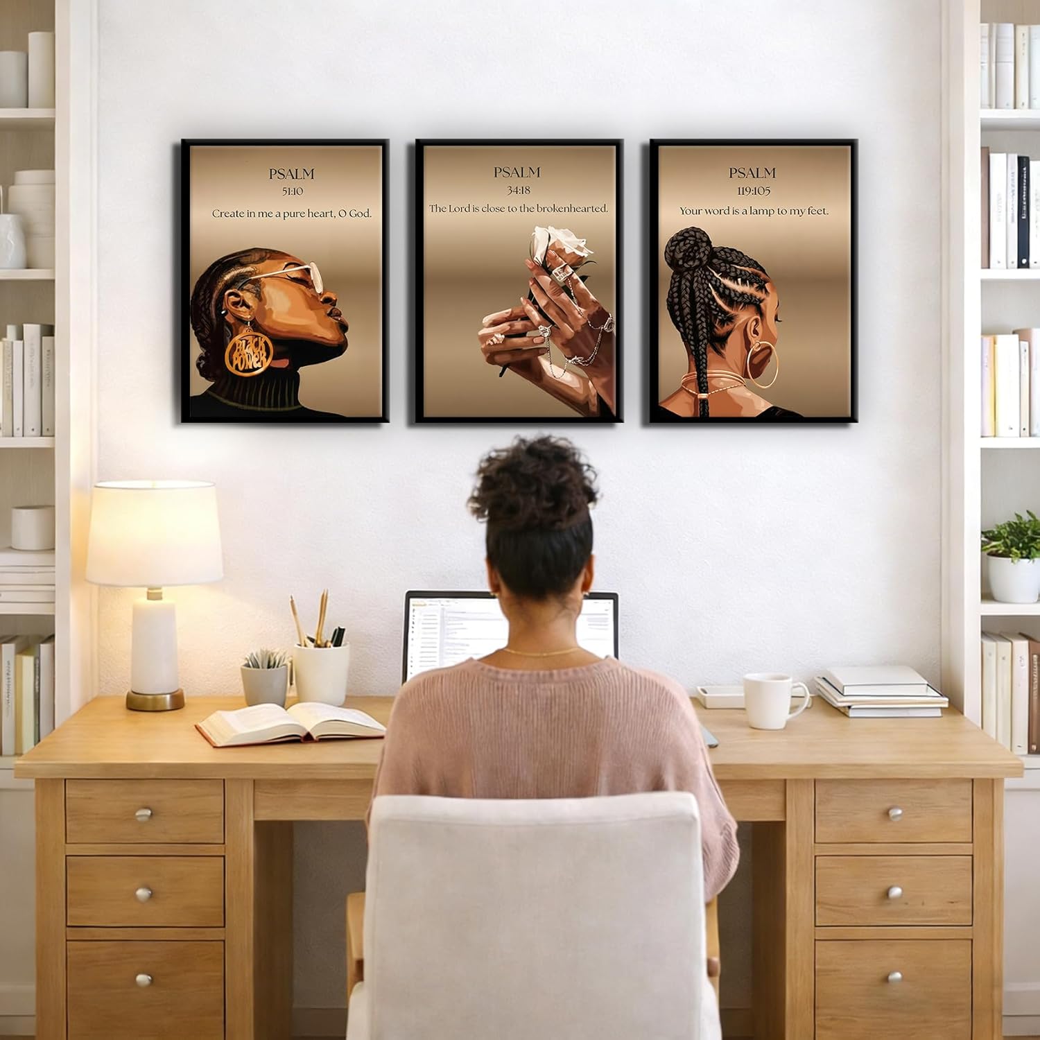 3 Pcs Black Girl Spiritual Wall Art African American Woman Christian Decor - Bible Verse Inspirational Quotes Painting - Psalms 119:105 34:18 51:10 Scripture Prints for Bedroom Bathroom 16x24 In Unframed