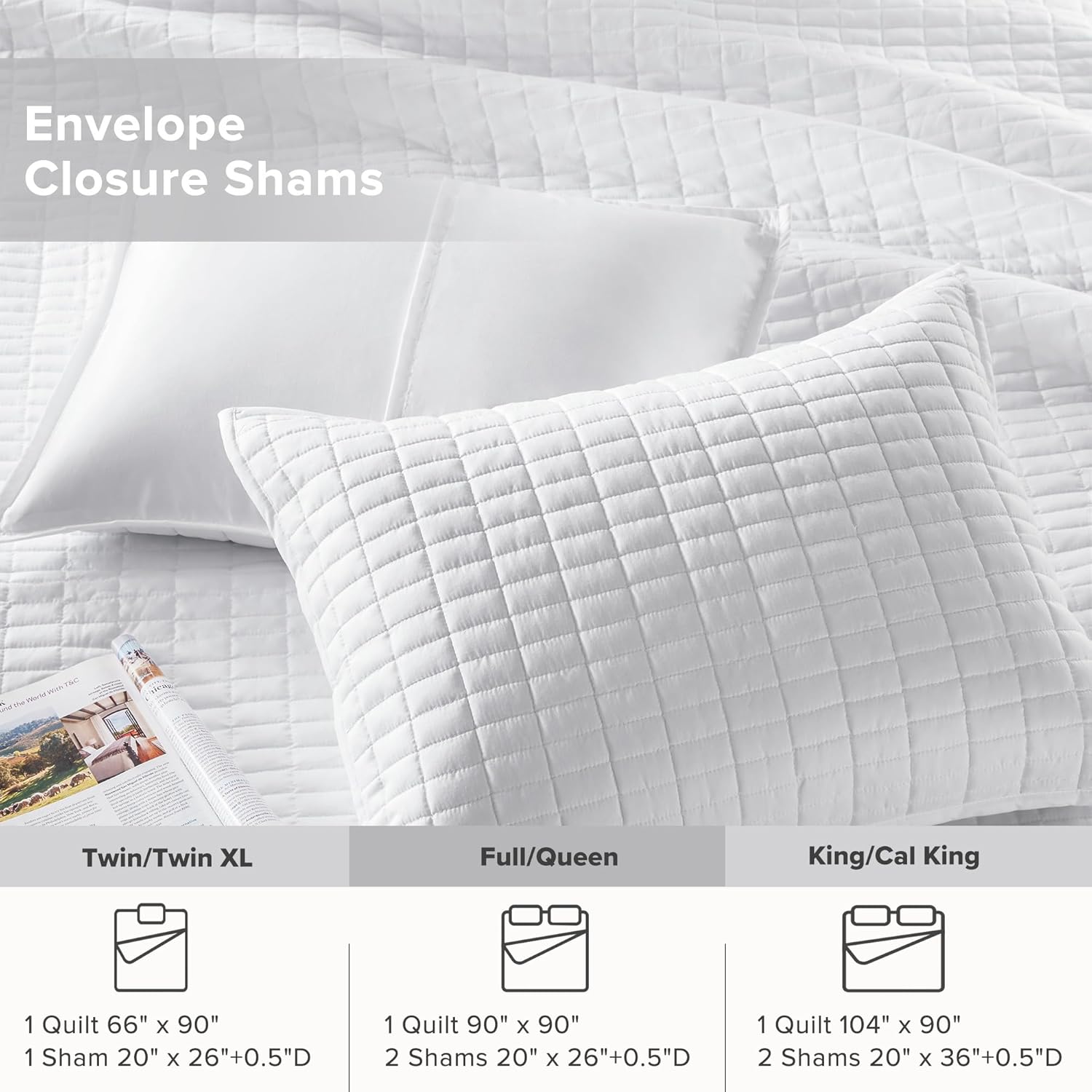 Comfort Spaces Kienna Quilt Set- Double Sided Stitching Design Summer Blanket, Lightweight, Soft, All Season Bedding Layer, Matching Sham, White, Coverlet Full/Queen(90"x90") 3 Piece - Image 5