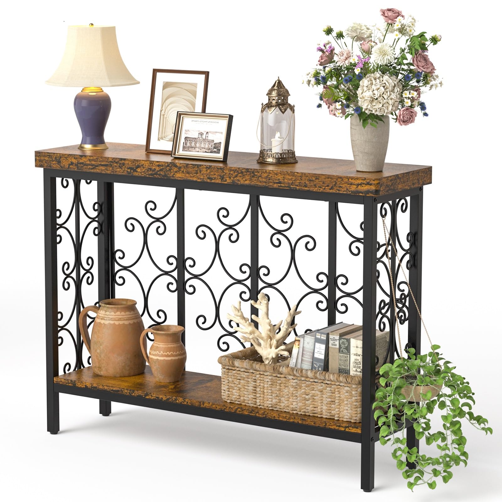 ikkle Console Table - 42.5" Industrial Hallway Table Slim Console Table with 2-Tier Storage Shelf, Wood Behind Sofa Table Narrow Accent Table for Entryway, Living Room, Foyer, Rustic Brown