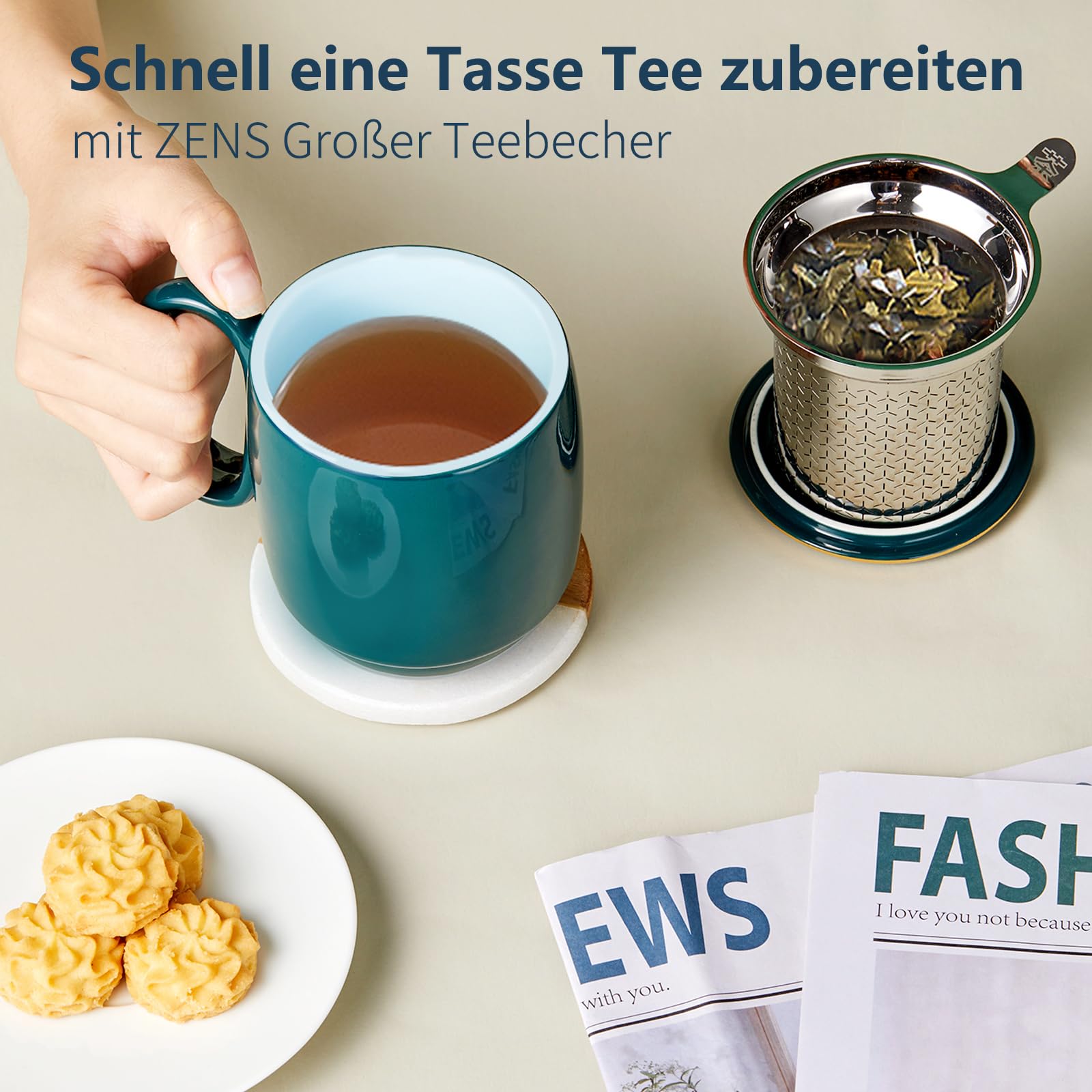 ZENS Teetasse mit Deckel und Sieb, 480ml Große Gewundene Griff Losen Teebecher, Dunkelgrün Glatt Porzellan Teetassen mit Goldbesatz Deckel für Einweichen Tee
