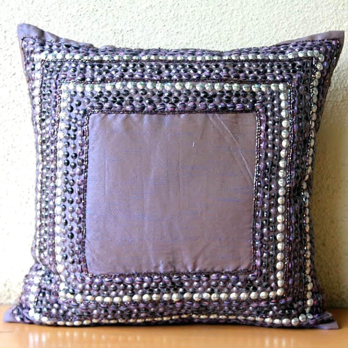The HomeCentric Cushion Covers for Chairs, Purple Designer Pillow Covers 16x16 inch (40x40 cm) Silk Throw Pillows for Couch, Bordered, 3D, Sequins Embellished, Traditional Throw - Purple Glamor