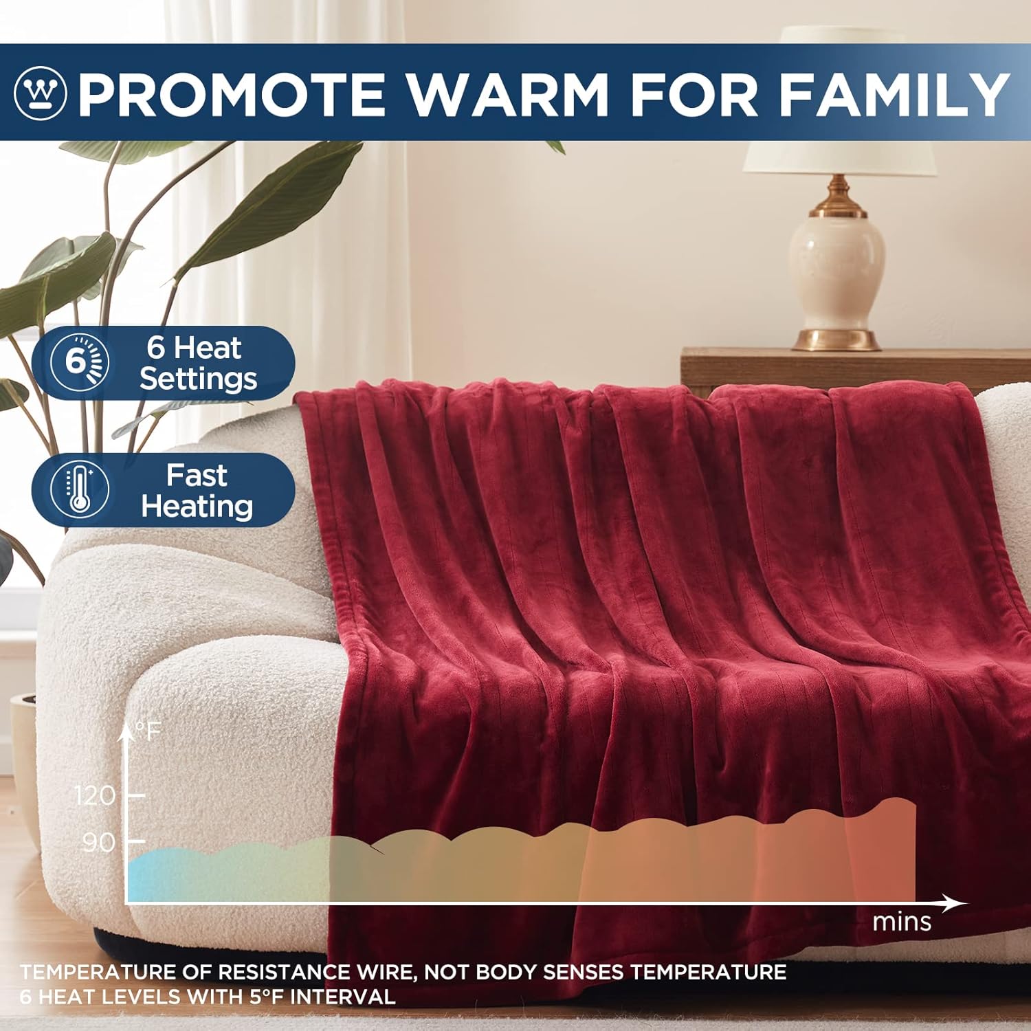 Westinghouse Electric Blanket Heated Throw, Super Cozy Soft Flannel 50"" x 60"" Heated Throw with 6 Fast Heating Levels & 2-10 Auto-Off, Machine Washable, ETL&FCC Certification, Home Office Use, Red - Image 4