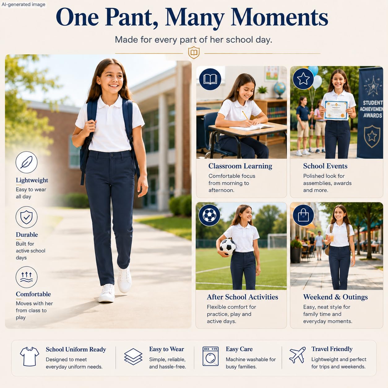 Bienzoe Pantalones de uniforme escolar de algodón elástico con cintura ajustable para niña - azul - 6X
