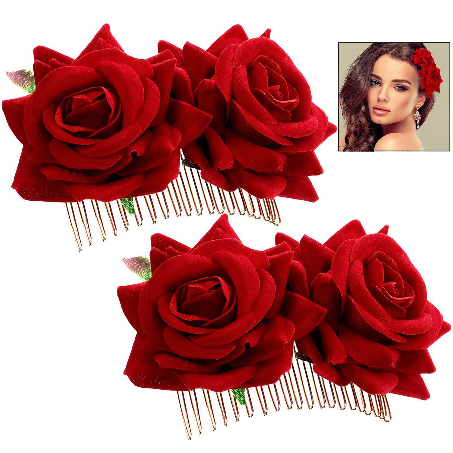 iwobi 2 Pièces Rose Pince À Cheveux Fleur Femmes Rose Fleur, Accessoire Casque pour Les Femmes Filles Mariage Nuptiale (Rouge)