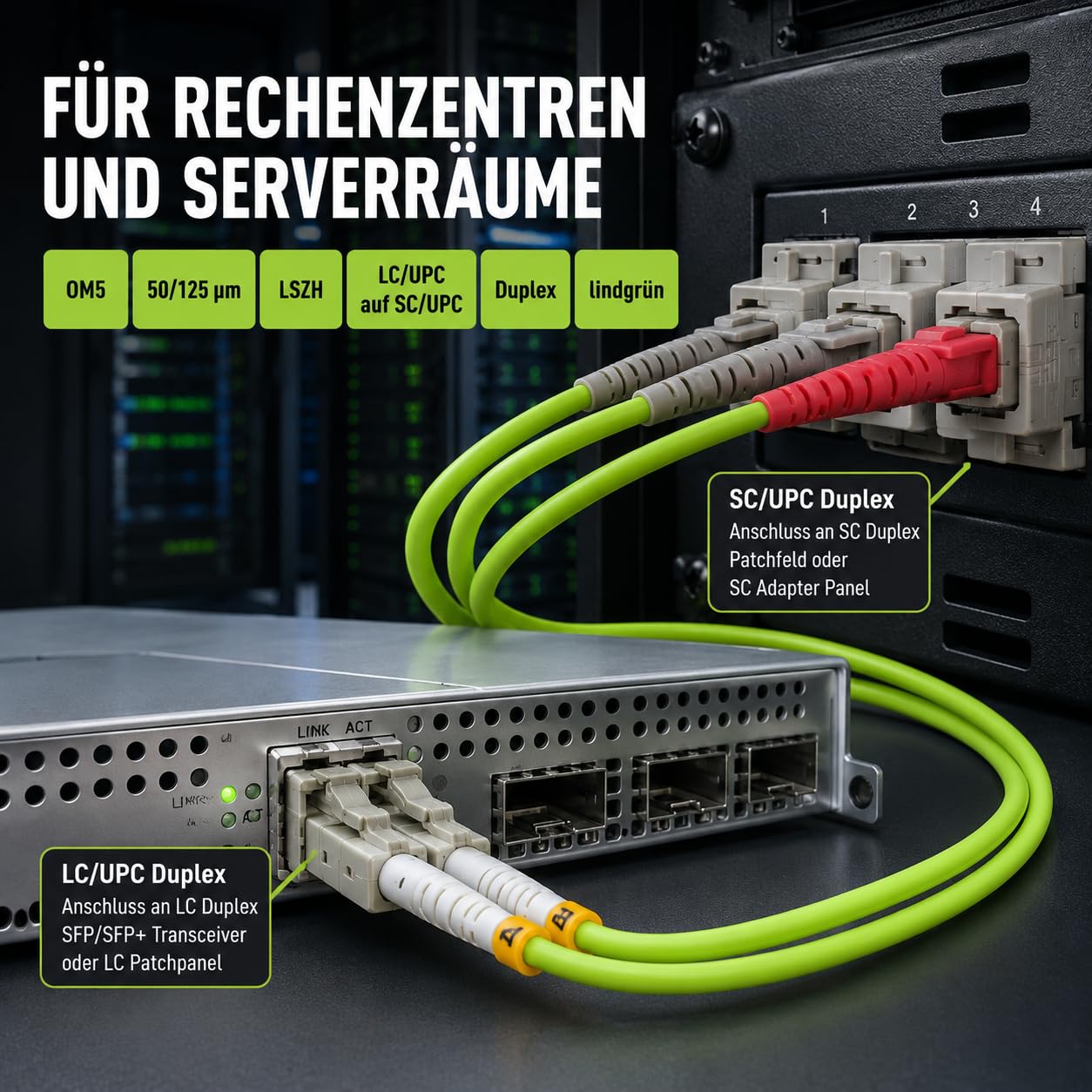 1 câble de brassage duplex OM5 LWL DX de 30 m, LC/UPC - SC/UPC MM multimode, 50/125 µm, LSZH, vert citron.