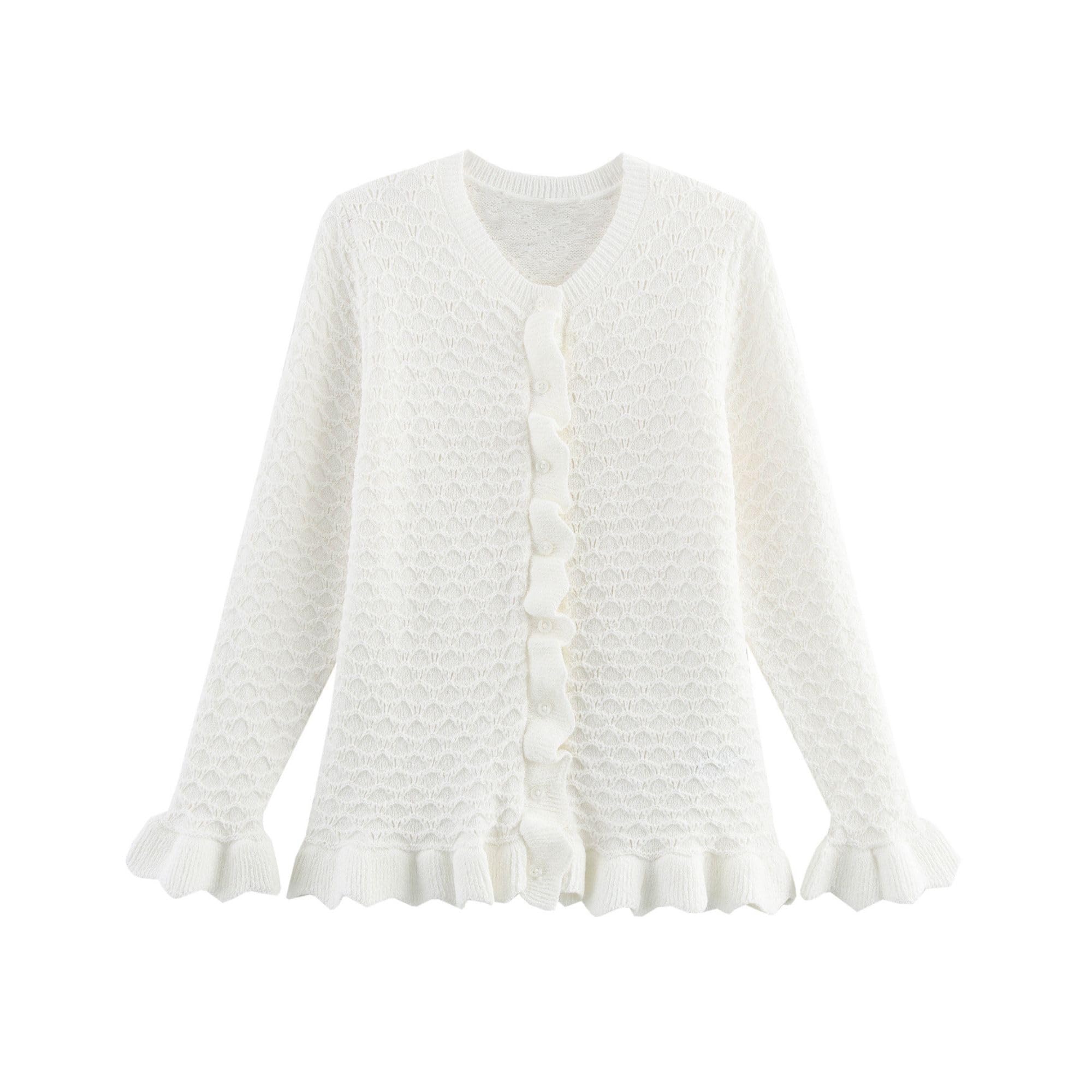 FindThy Womens Crochet Cardigan Sweater Trendy Crewneck Ruffle Long Sleeve Button Down Crop Knitwear Tops