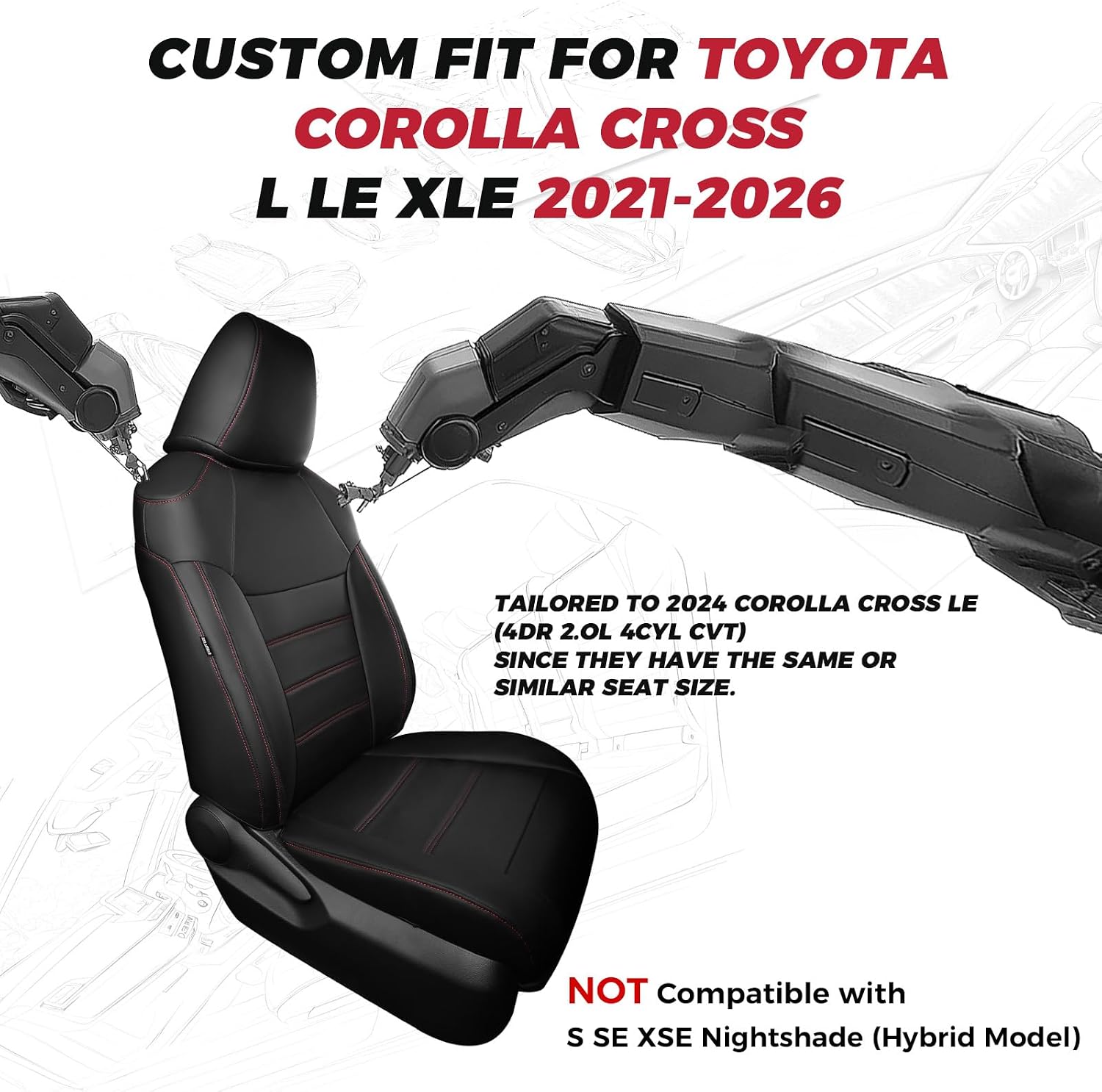 freesoo for toyota corolla cross seat covers l le xle 2021 2022 2023 2024 2025 2026, custom car seat covers full set, leather seat covers for suv, waterproof car seat cover, black red not for hybrid black with red trim 2021-2026 l le xle (not for hybrid)