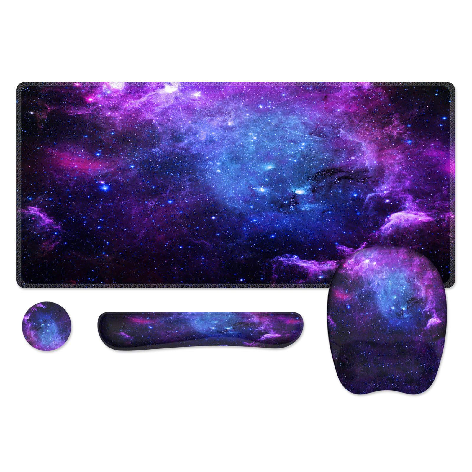 Anyshock Large Mouse Pad with Wrist Rest, Keyboard Wrist Support, Desk Mat, 4PCS Ergonomic Desk Pad Mat with Coaster Set, Computer Mousepad for Office Desktop Laptop, Galaxy Purple Space — image 1