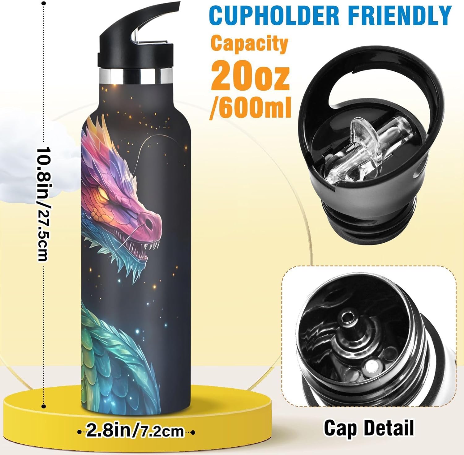 Dragon Galaxy Colorful Water Bottles for Boys Kids Stainless Steel Bottle Cups with Straw Lid Leakproof Insulated Flask Jug 20 oz