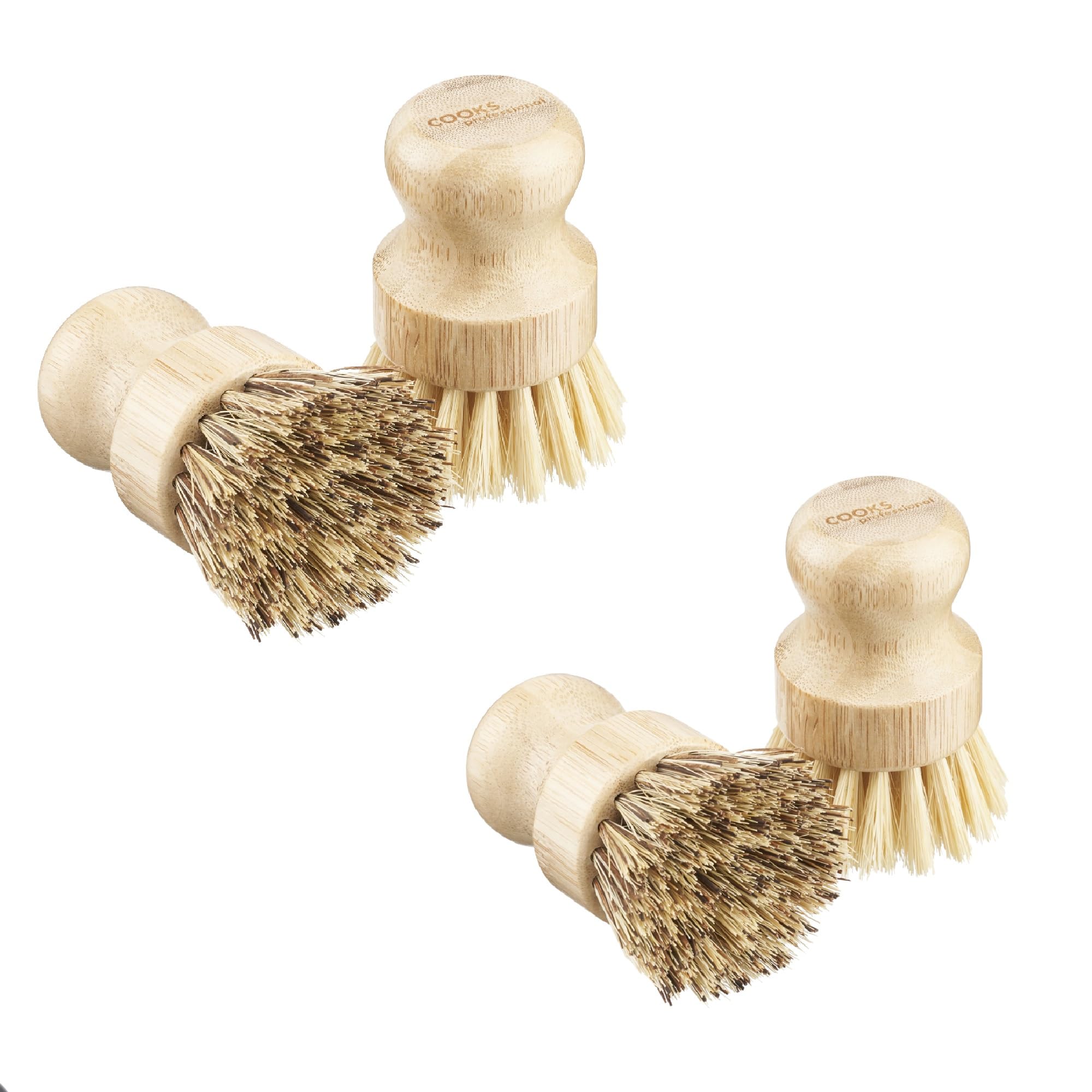 Cooks Professional Natural Set Of 4 Bamboo Pot Brushes | Eco Friendly Plastic Free Washing Up Brush | 2 Of Each Soft & Hard Sisal Bristles | Kitchen Bathroom Home Scrubbing Brush Cleaning Tools