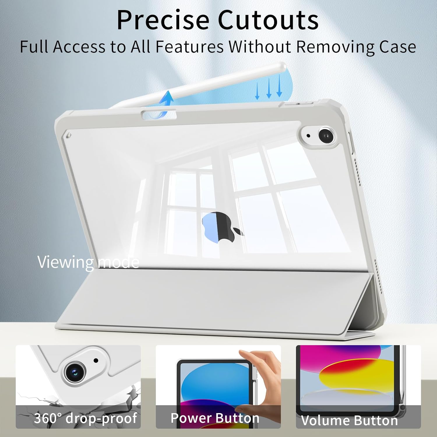 for iPad (A16) 11th Generation Case 11 Inch 2025, iPad 10th Generation Case 10.9 Inch 2022 with Pencil Holder, Trifold Stand Protective Cover, Hard PC Clear Back, Auto Wake/Sleep, Gray