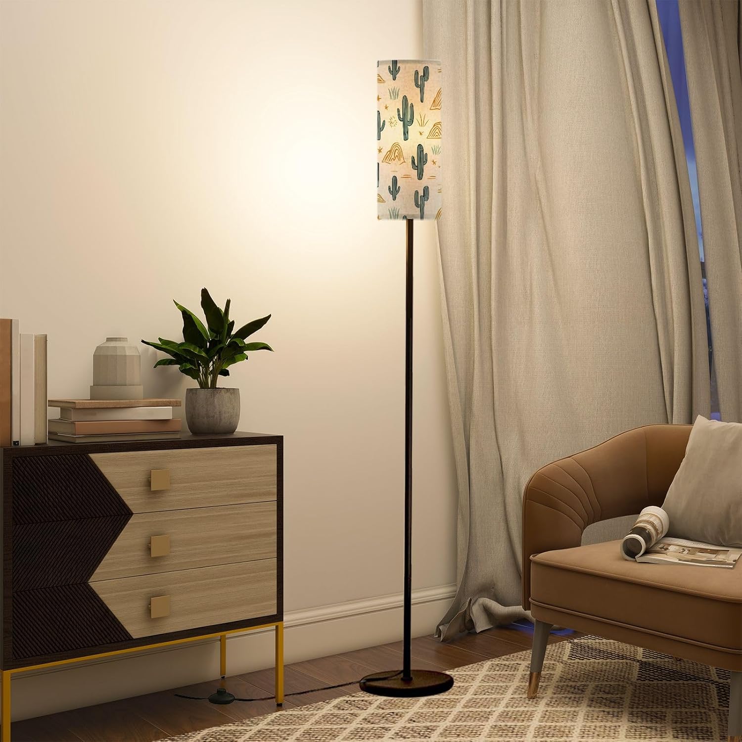 Modern Standing Lamps Cactus Mountains Boho Seamless Pattern Desert Cacti repeat print Wild Floor Lamp Metal Pole Lamp with Linen Lampshade for Bedroom Living Room Office Nursery Reading Foot Switch