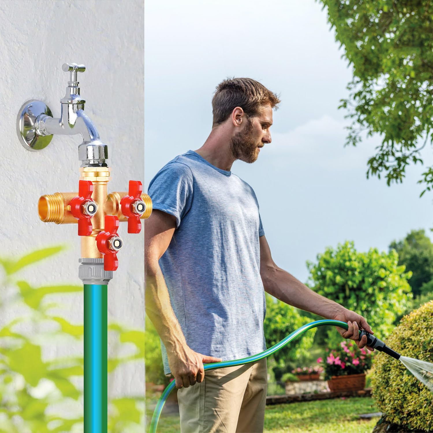 Sdoppiatore per tubo flessibile a 3 vie, valvola di chiusura da giardino, in ottone massiccio, connettore ad alto volume in ottone con manico in metallo, valvola di chiusura per rubinetto da giardino