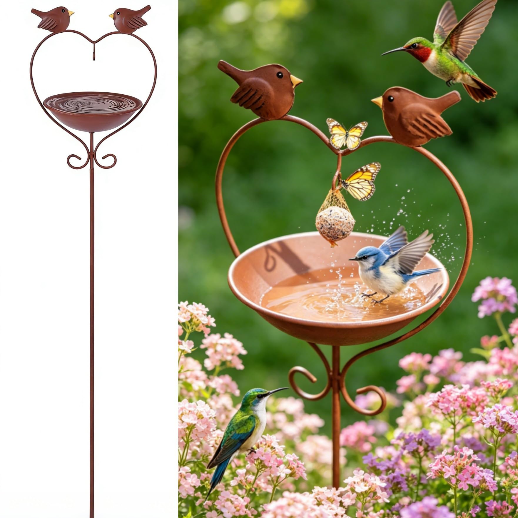 Vogeltränke Stehend Winterfest Metall, Vogelbad für Wildvögel | H 115 cm Ø15cm Vogel Futterstation mit Meisenknödelhalter Rostoptik Regenfänger Gartendeko
