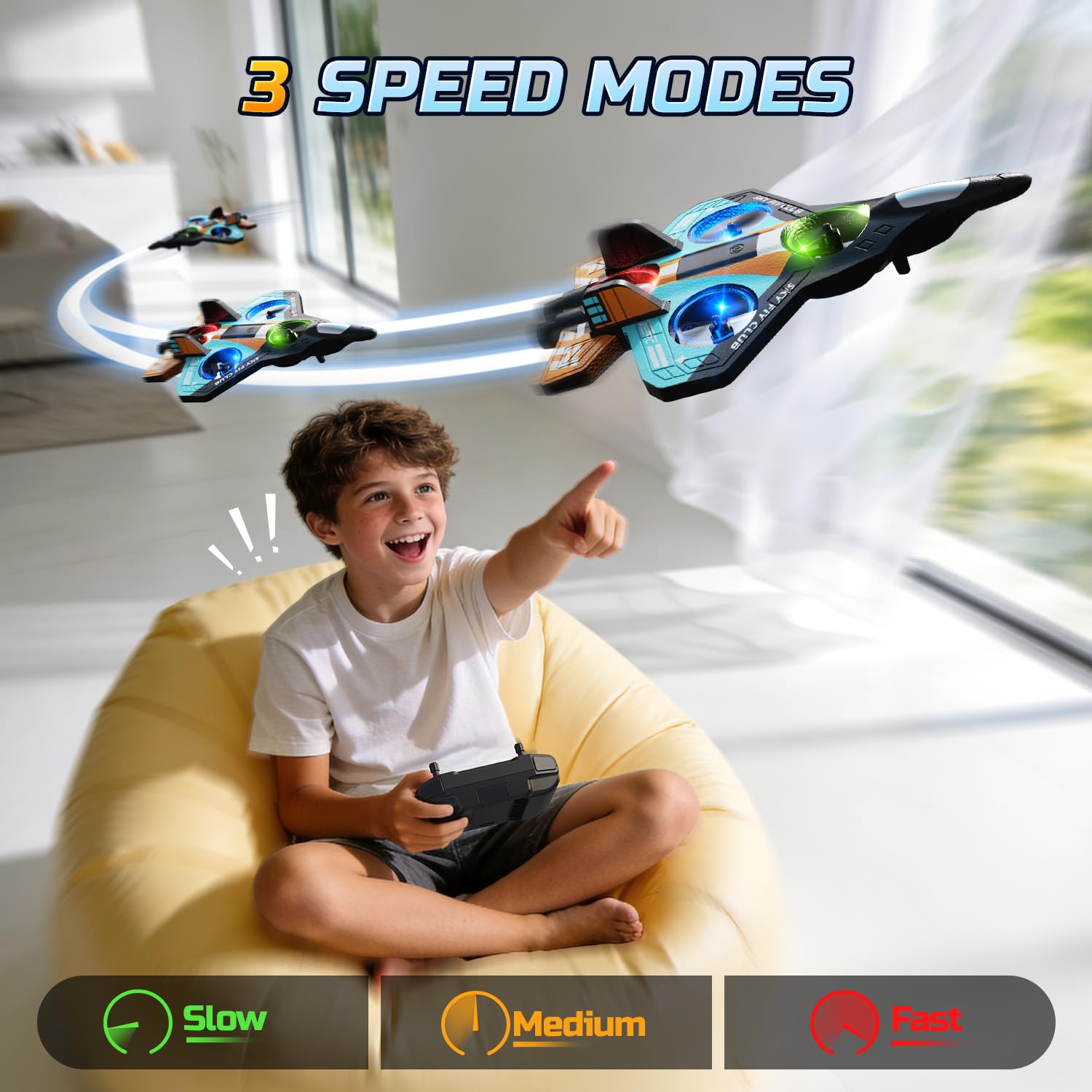 DEERC Avión de espuma RC para niños, avión teledirigido con altitud, volteos 3D y luces LED, 2 baterías, avión teledirigido para principiantes para niños y niñas (azul y naranja)